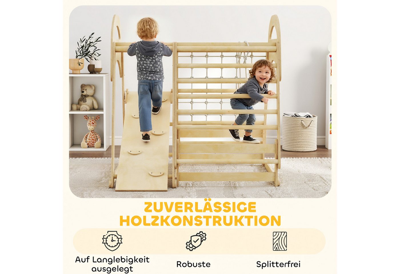 AIYAPLAY Klettergerüst mit Rutsche, Kletterstangen, Turnringen, Leiter, Kletternetz, (6-in-1 Montessori Indoor Spielplatz, 1-St., Holz Kletterturm), für Kinder von 3-6 Jahre, Naturholz Bild 3