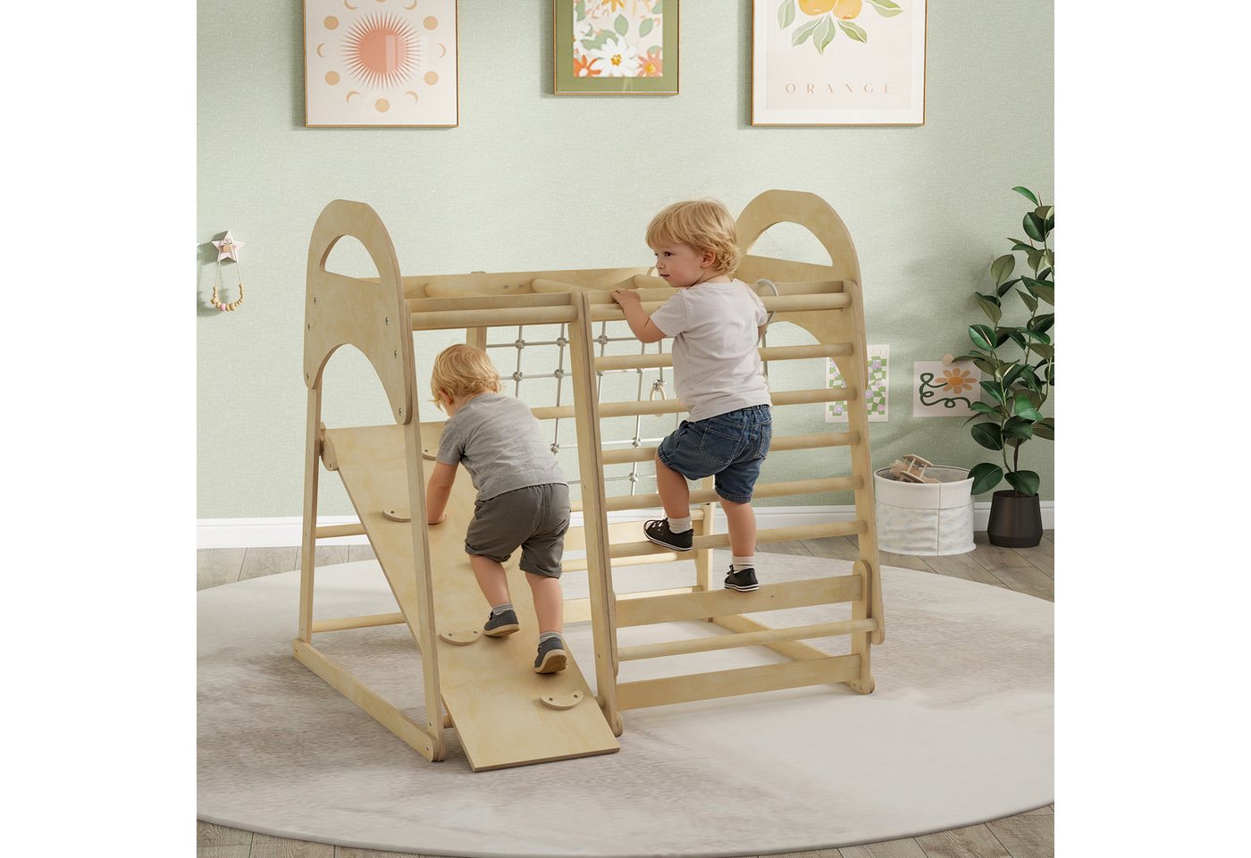 AIYAPLAY Klettergerüst mit Rutsche, Kletterstangen, Turnringen, Leiter, Kletternetz, (6-in-1 Montessori Indoor Spielplatz, 1-St., Holz Kletterturm), für Kinder von 3-6 Jahre, Naturholz Bild 4