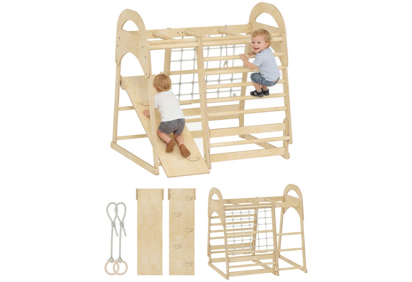 AIYAPLAY Klettergerüst mit Rutsche, Kletterstangen, Turnringen, Leiter, Kletternetz, (6-in-1 Montessori Indoor Spielplatz, 1-St., Holz Kletterturm), für Kinder von 3-6 Jahre, Naturholz Bild 5