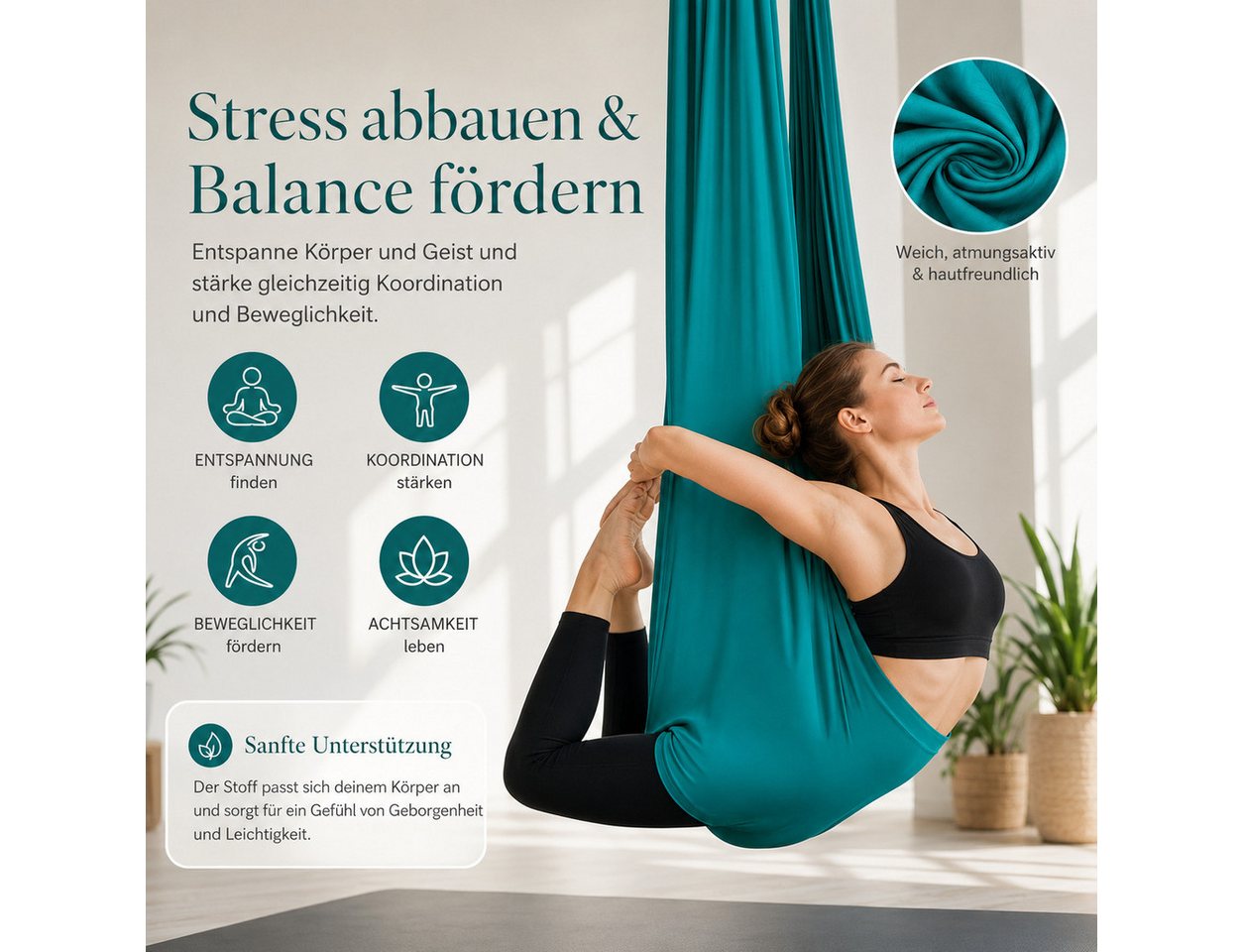 VEKROBOT Hängematte Aerial Yoga Hängematte 150x280 cm mit Aufhängung max Belastung 200 kg (Packung, 1 St., Die Höhe der Hängematte ist individuell einstellbar), Vielseitige und tragbare Hängematte Bild 5