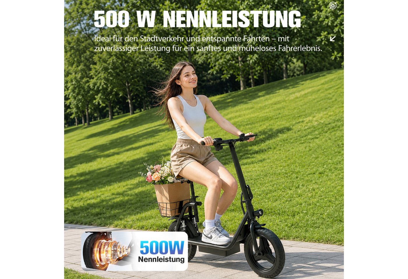 Vankel E-Scooter C14 E Scooter mit Sitz 500W 48V 15Ah 40km/h Elektroroller Korb, 500 W, Keine Straßenzulassung – ausschließlich auf Privatgelände verwenden