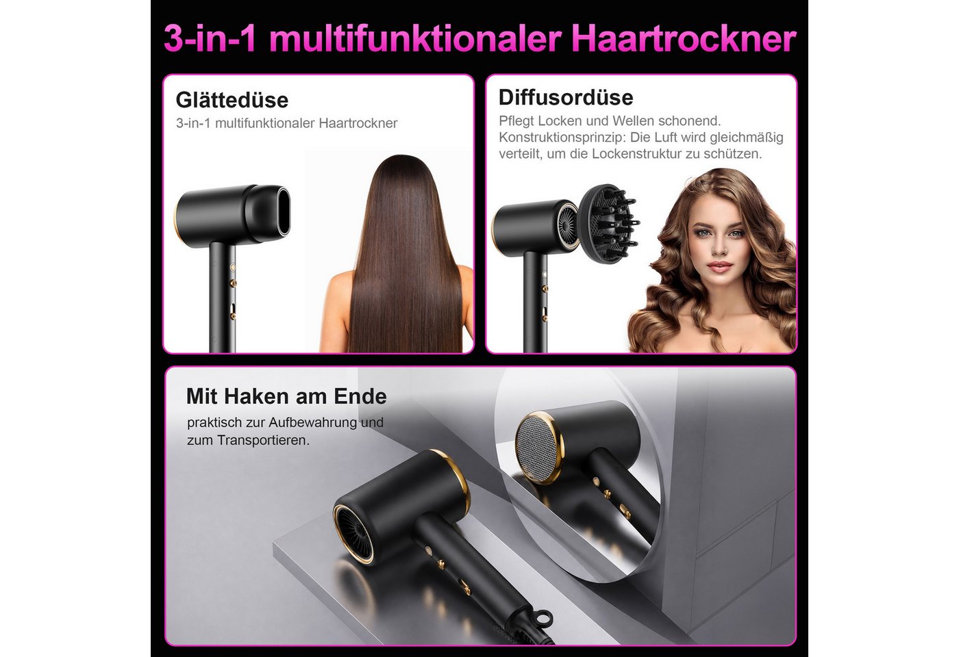 Forrlite Haartrockner 2026 Neues Haartrockner,Föhn Ionen mit Diffusor 2400W AC Motor, 2400 W, 2 Stylingdüsen Professional Ionen Haartrockner Haartrockner, Haartrockner 2400W, Professioneller Haarföhn mit 3 Hitze-Einstellungen Bild 4