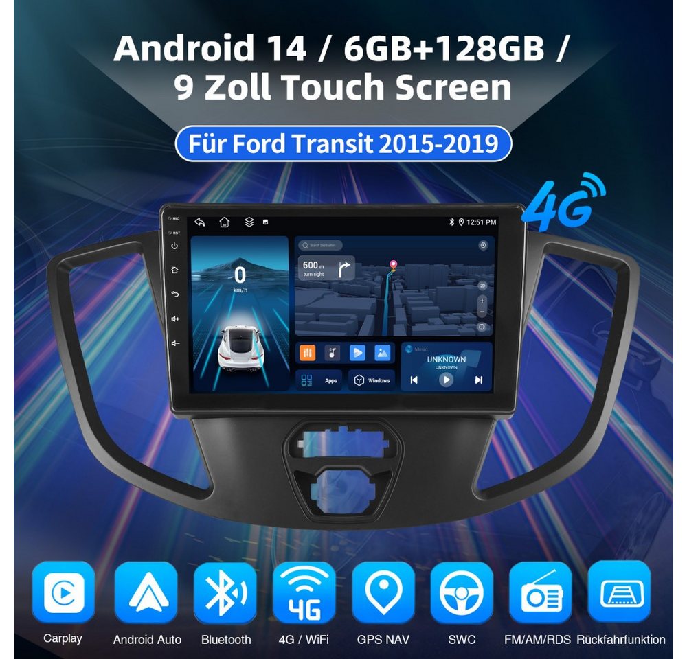 ESSGOO 6+128G DAB+ Carplay Android15 Autoradio Für Ford Transit 2015-2018 GPS Autoradio (RDS, 6GB+128GB, 4G LTE, DAB (optional), FM, AM, Carplay Android Auto Bluetooth EQ USB GPS Navi WIFI Touchscreen) Bild 5