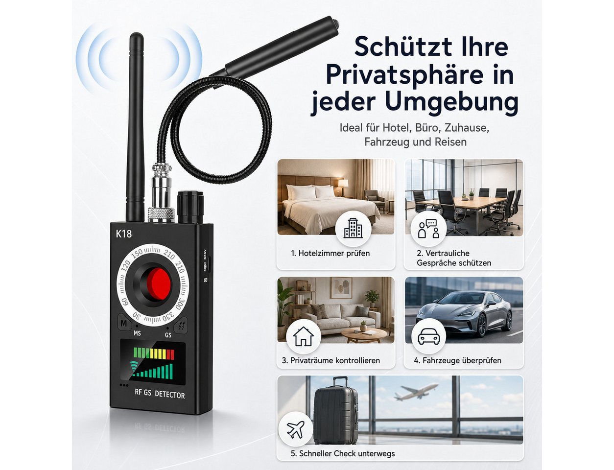 XEOOCE Überwachungskamera Zubehör Wanzendetektor K18 RF-Scanner für Kamera, GPS & Abhörgeräte Bild 5