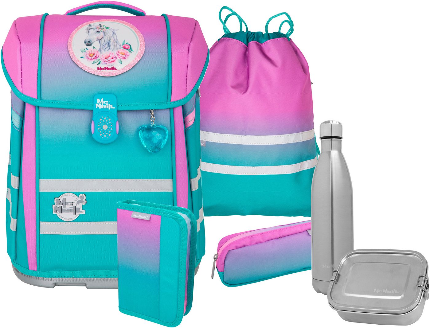 McNeill Schulranzen Perfecto, Blueberry (Set, 5-tlg), inkl. Federmäppchen, Turnbeutel, Schlamperrolle & Motivmagnet