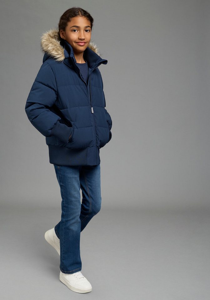 KangaROOS Outdoorjacke Winterjacke mit Fellkragen und reflektierenden KangaROOS Logo-Print Warme Jacke mit breitem Ripp-Bund, Kapuzenfütterung