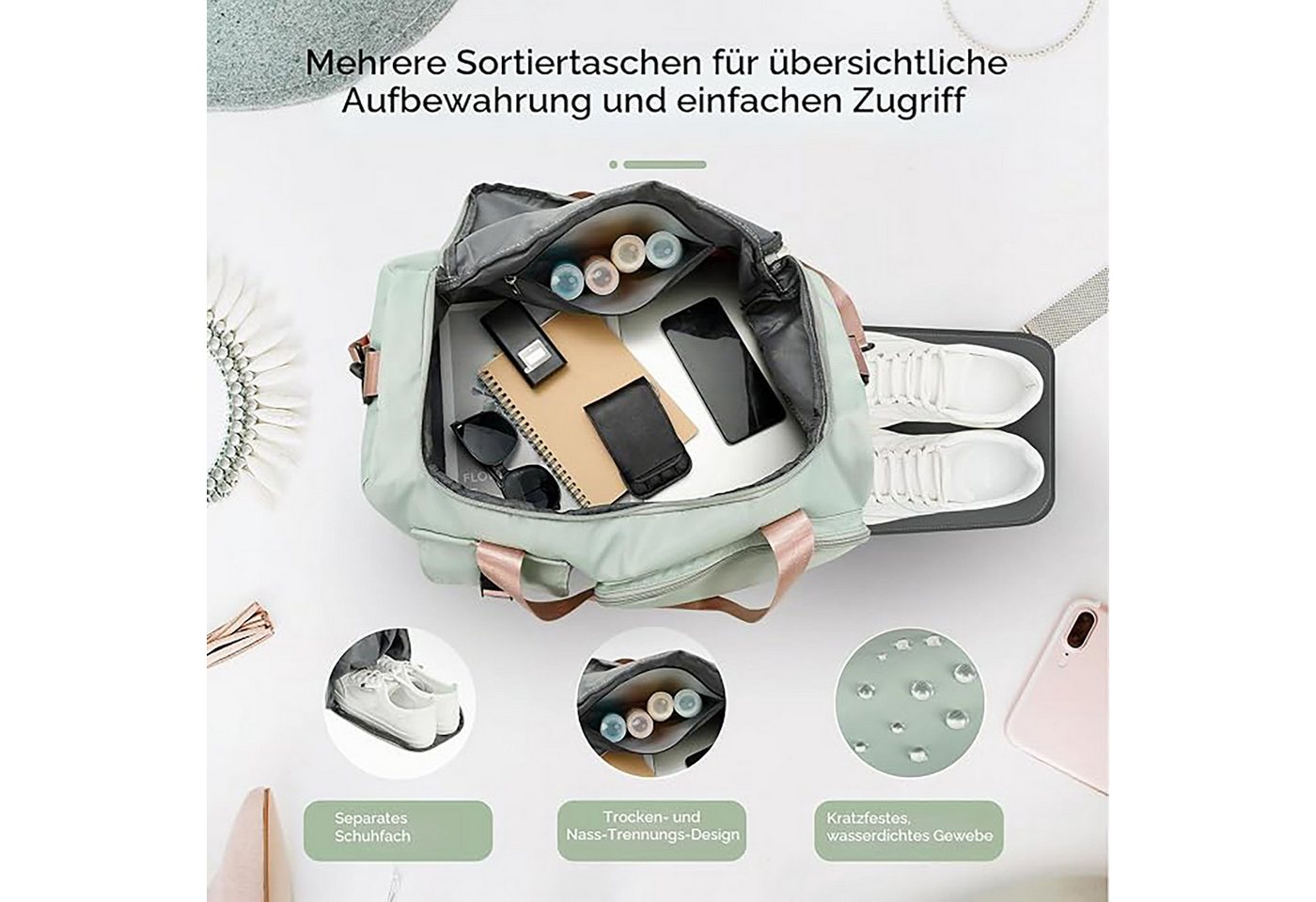 OYLCDI Reisetasche Sporttasche Rucksack 42L Reisetasche 50 × 30 × 29 cm (mit Schuhfach, Nassfach und Trolley-Halterung, Fitnesstasche,Große Umhängetasche), Oxford‑Stoff, für Fitness, Yoga, Kurzreisen