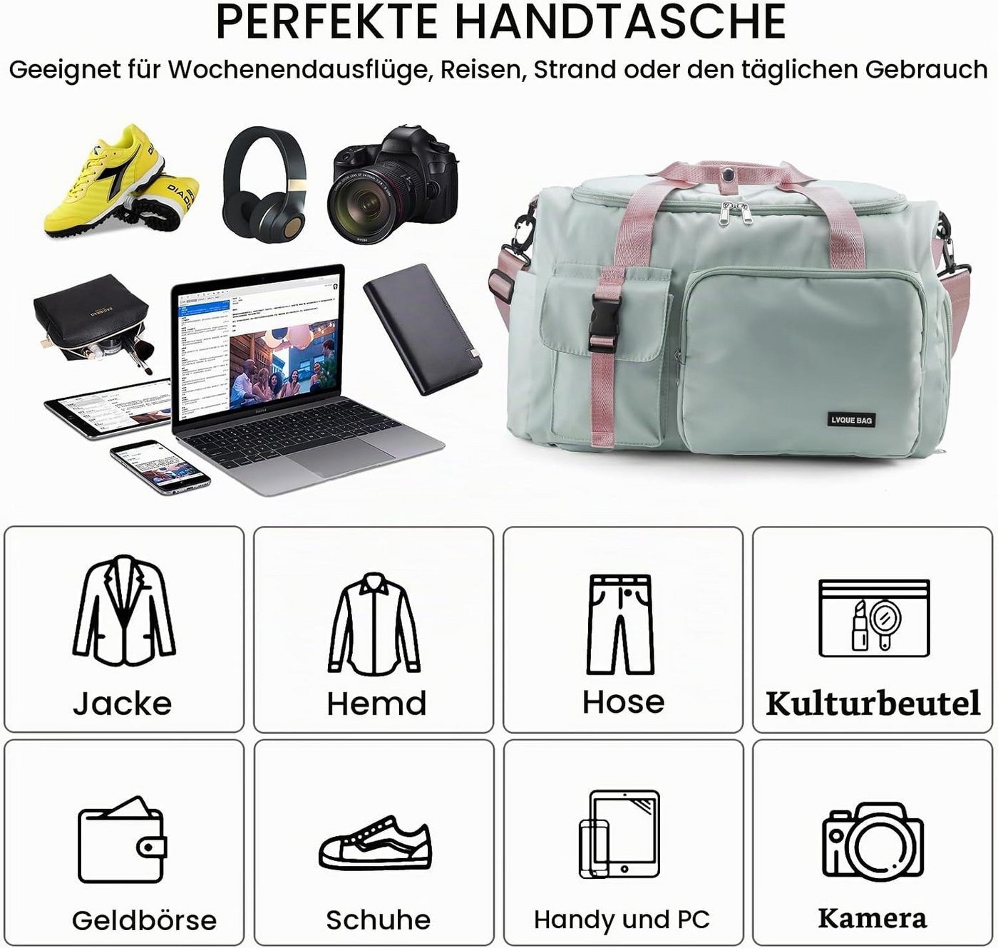 OYLCDI Reisetasche Sporttasche Rucksack 42L Reisetasche 50 × 30 × 29 cm (mit Schuhfach, Nassfach und Trolley-Halterung, Fitnesstasche,Große Umhängetasche), Oxford‑Stoff, für Fitness, Yoga, Kurzreisen Bild 2