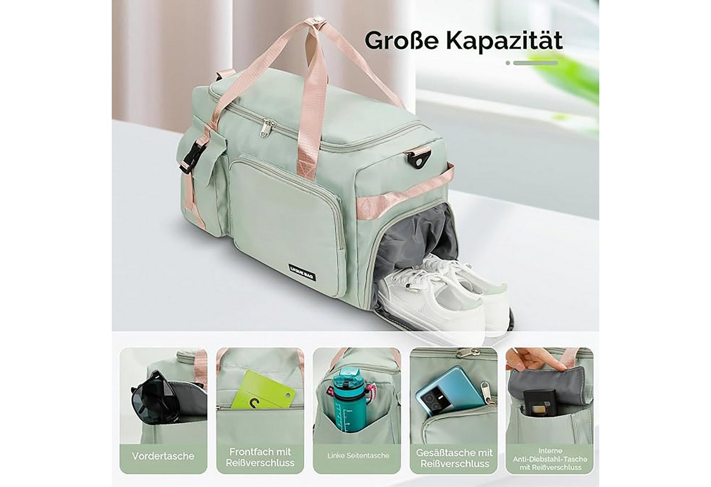 OYLCDI Reisetasche Sporttasche Rucksack 42L Reisetasche 50 × 30 × 29 cm (mit Schuhfach, Nassfach und Trolley-Halterung, Fitnesstasche,Große Umhängetasche), Oxford‑Stoff, für Fitness, Yoga, Kurzreisen Bild 4