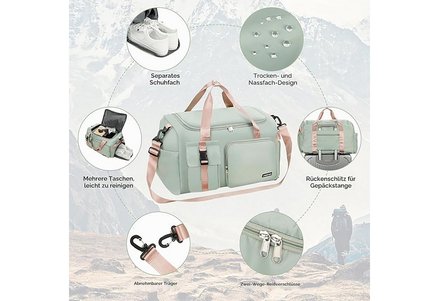 OYLCDI Reisetasche Sporttasche Rucksack 42L Reisetasche 50 × 30 × 29 cm (mit Schuhfach, Nassfach und Trolley-Halterung, Fitnesstasche,Große Umhängetasche), Oxford‑Stoff, für Fitness, Yoga, Kurzreisen Bild 5