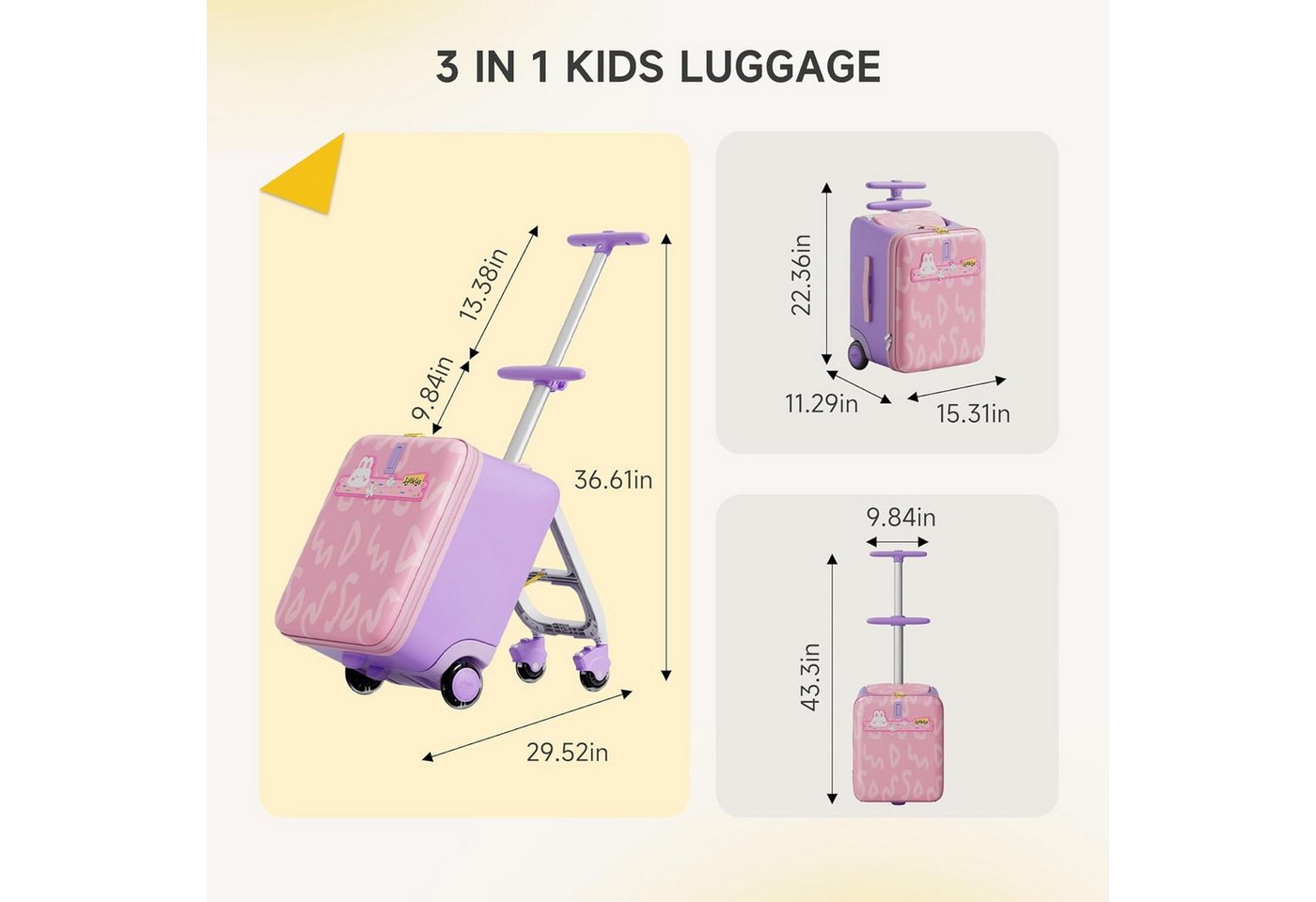 Rolipo Kinderkoffer Kinderkoffer zum Draufsitzen, 32L mit Teleskopstange und 4 Rollen, 4 Rollen, Reisekoffer Kinder, Faltbar und abnehmbar Bild 2