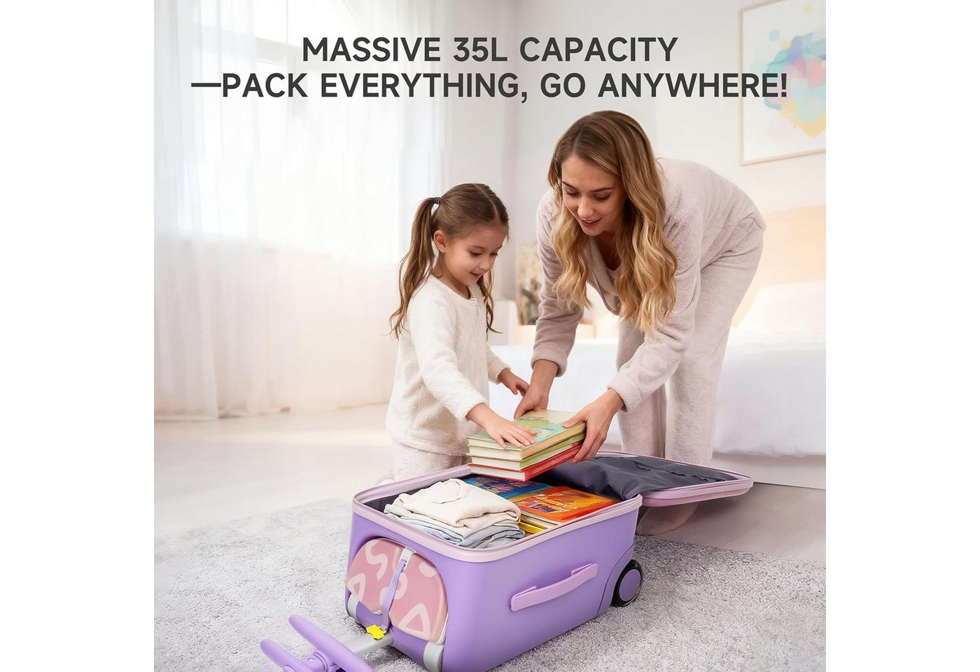 Rolipo Kinderkoffer Kinderkoffer zum Draufsitzen, 32L mit Teleskopstange und 4 Rollen, 4 Rollen, Reisekoffer Kinder, Faltbar und abnehmbar Bild 3