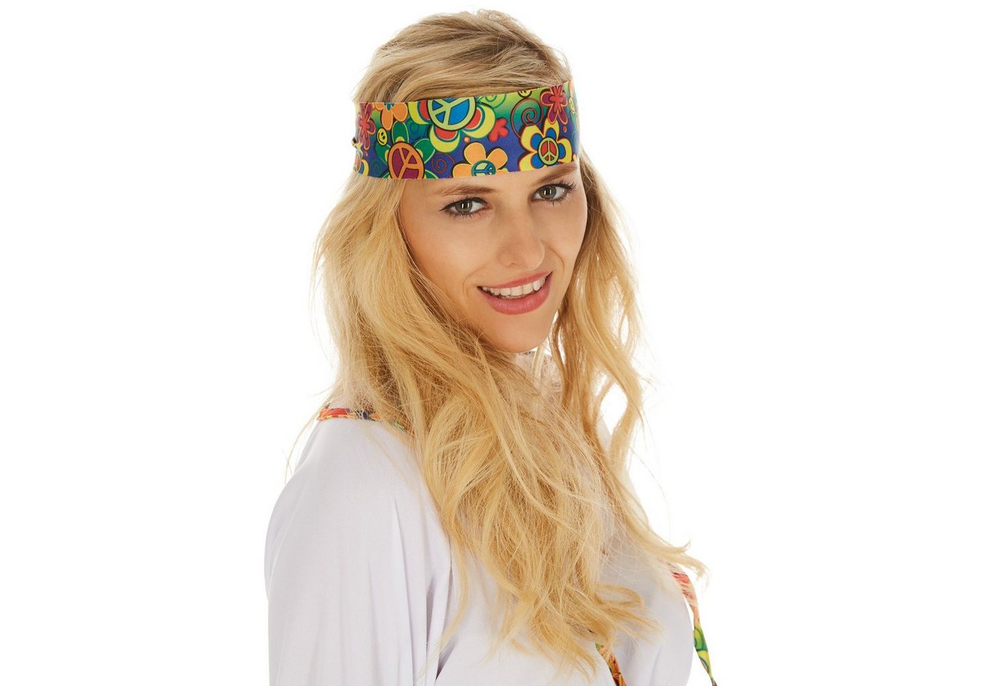 dressforfun Hippie-Kostüm Blumenkind, auch Friedensfreund, in bunt, Gr. XXL, Inkl. Haarband, Ausgestellte Ärmel, Rock mit Blumenprint im Retrolook der 70er Bild 4