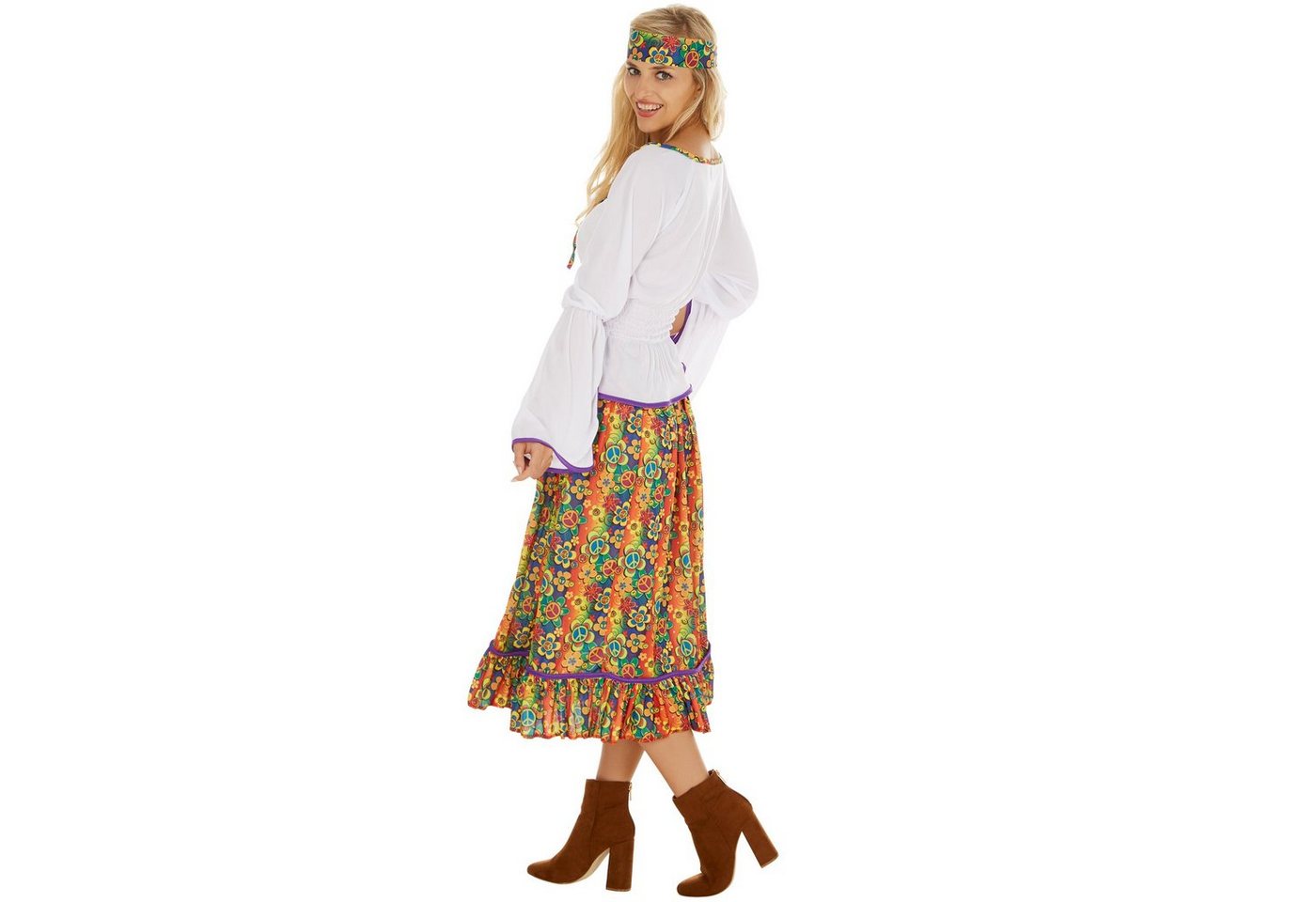 dressforfun Hippie-Kostüm Blumenkind, auch Friedensfreund, in bunt, Gr. XXL, Inkl. Haarband, Ausgestellte Ärmel, Rock mit Blumenprint im Retrolook der 70er Bild 5