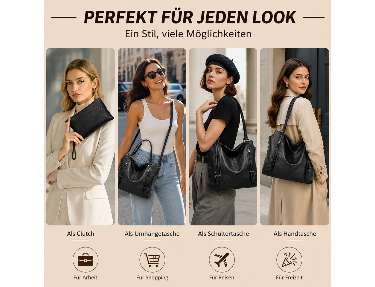 Toomoke Rucksack Damen Handtasche Groß Shopper mit Geldbörse, Elegante Schultertasche (Umhängetasche, Große Tasche mit vielen Fächern, 2-Tlg, Vegane Tasche für Alltag, Büro und Shopping), 44*16*32cm