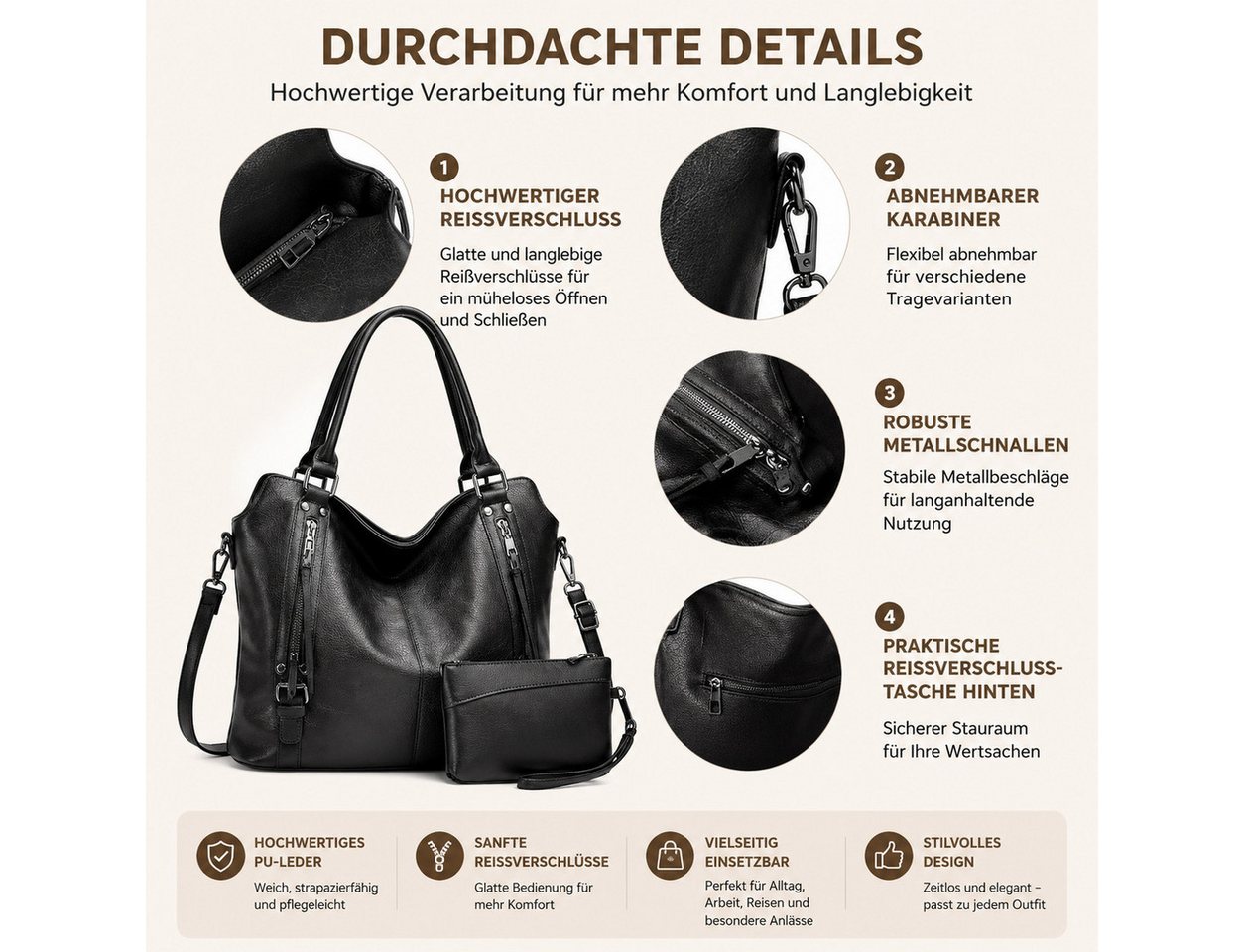 Toomoke Rucksack Damen Handtasche Groß Shopper mit Geldbörse, Elegante Schultertasche (Umhängetasche, Große Tasche mit vielen Fächern, 2-Tlg, Vegane Tasche für Alltag, Büro und Shopping), 44*16*32cm Bild 2