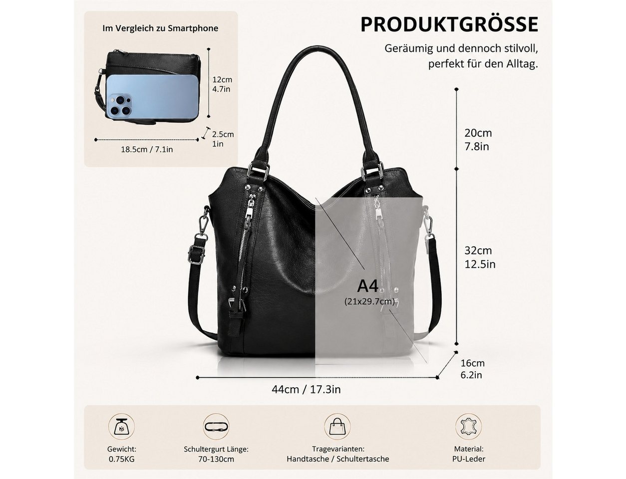 Toomoke Rucksack Damen Handtasche Groß Shopper mit Geldbörse, Elegante Schultertasche (Umhängetasche, Große Tasche mit vielen Fächern, 2-Tlg, Vegane Tasche für Alltag, Büro und Shopping), 44*16*32cm Bild 3