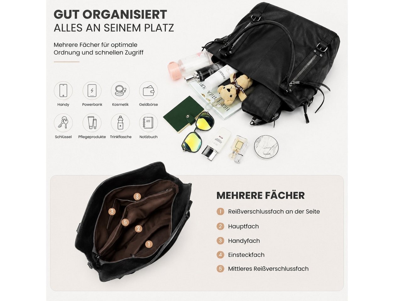 Toomoke Rucksack Damen Handtasche Groß Shopper mit Geldbörse, Elegante Schultertasche (Umhängetasche, Große Tasche mit vielen Fächern, 2-Tlg, Vegane Tasche für Alltag, Büro und Shopping), 44*16*32cm Bild 5