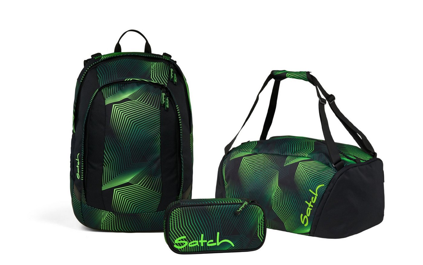 Satch Schulranzen Schulrucksack-Set AIR Seismic Green 3-teilig, Kollektion 2025 (3-teilig), Schulranzen, ergonomisch, Laptop-Fach, Your-Size-System