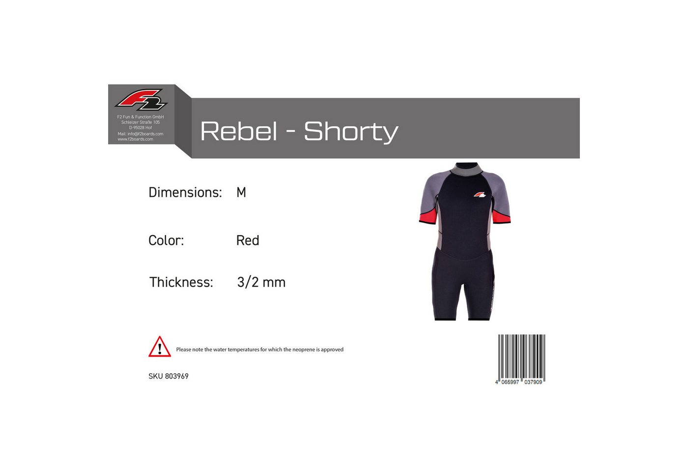 F2 Neoprenanzug F2 Herren Neopren Anzug Rebel - Shorty 3/2 mm M Rot Bild 4