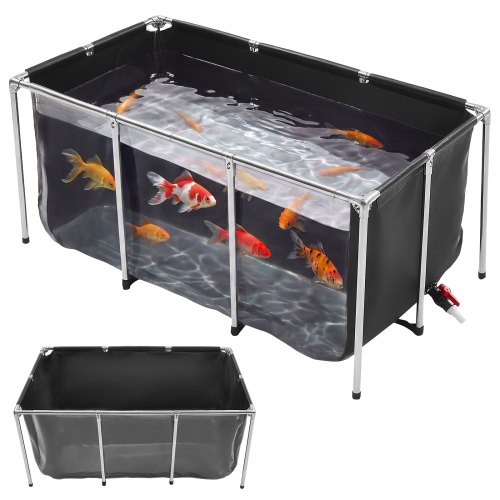 VEVOR Canvas Fischteich 757 L Aufstellfischteich Schwarzes PVC Koi-Becken, Rechteckiges Goldfischbecken mit Sichtfenster, Edelstahlrahmen & Ablassventil, zur Koi-Zucht und Bewässerung