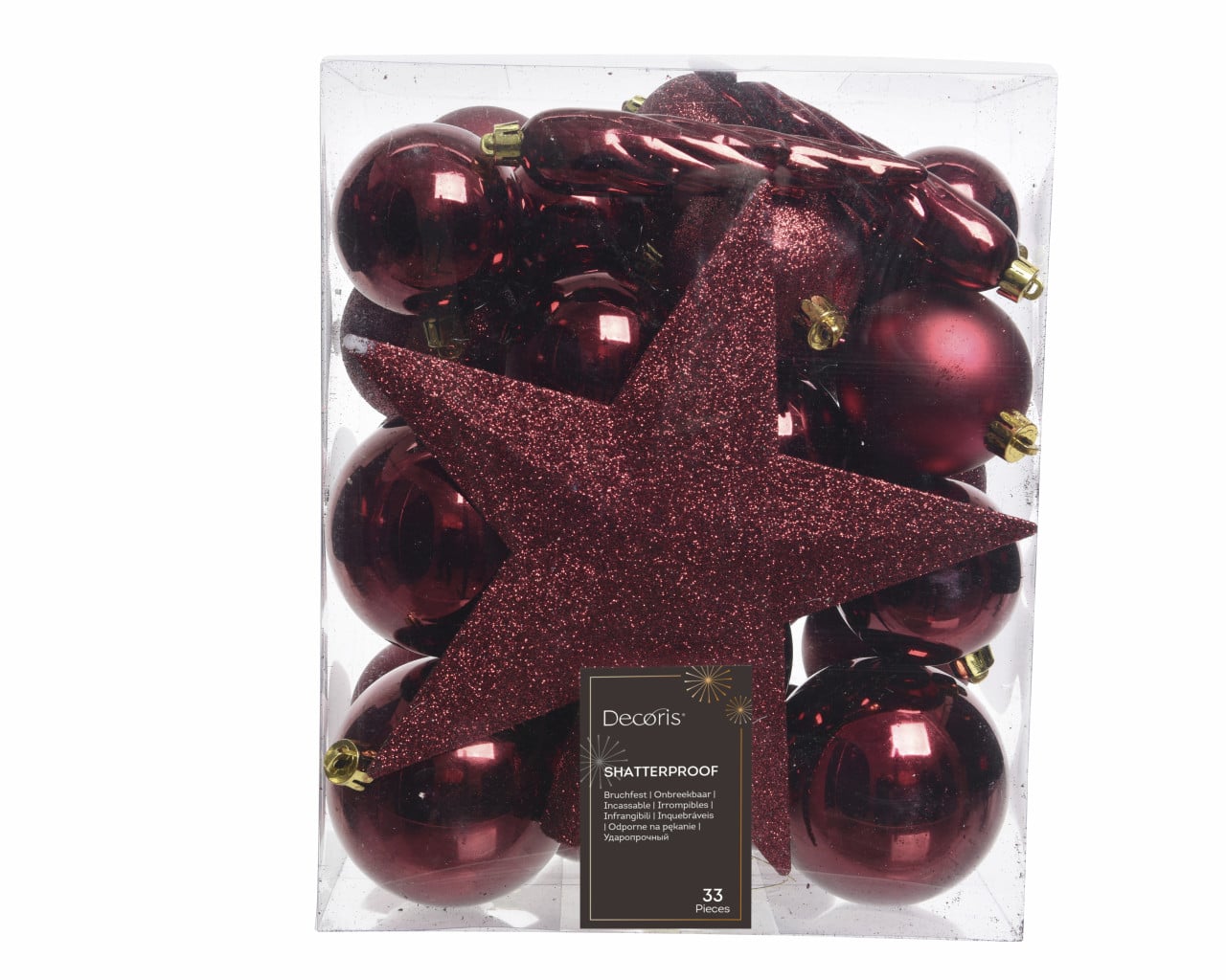 Decoris Weihnachtskugeln-Set aus Kunststoff Ø 8 cm ochsenblut 33-teilig