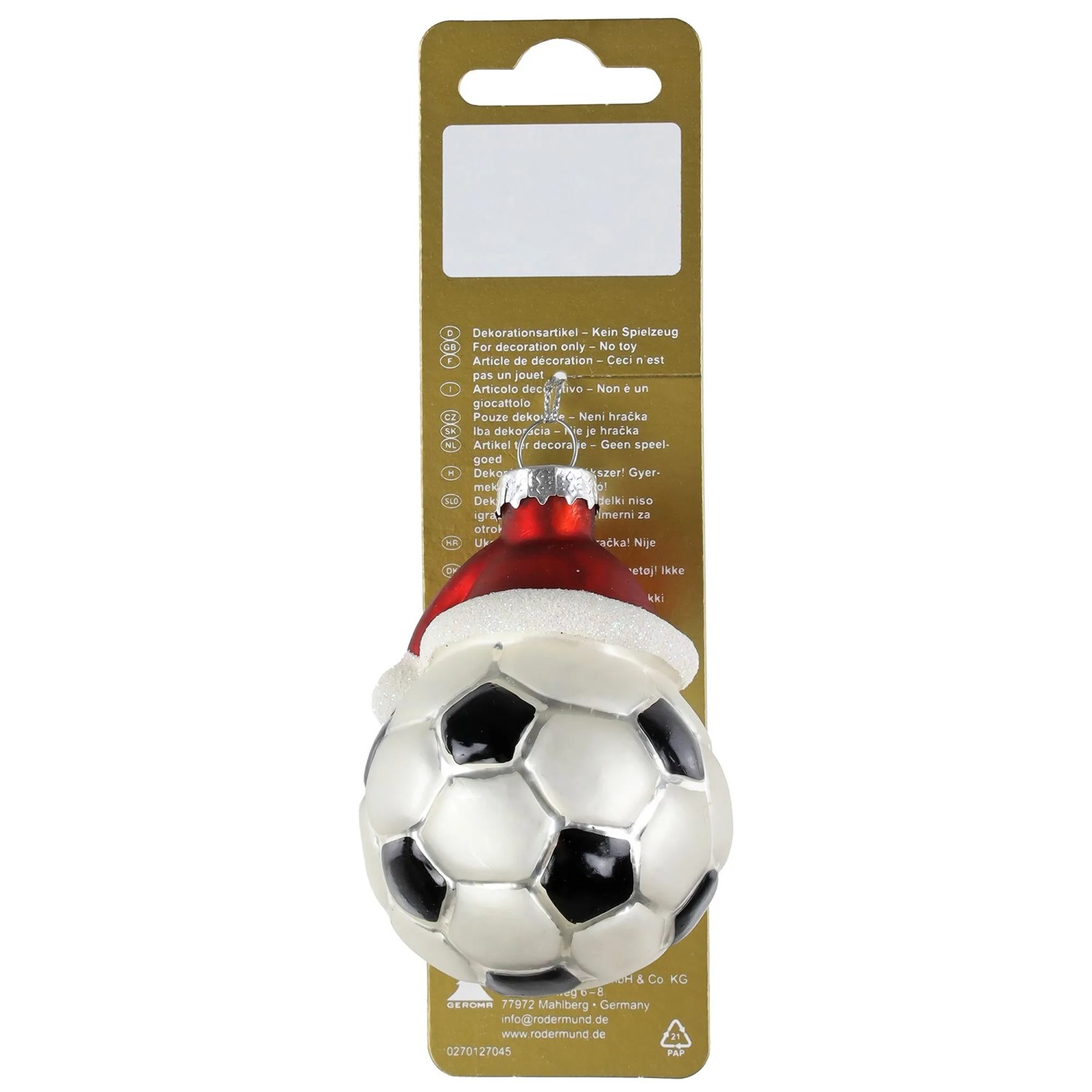 Fußball mit Weihnachtsmütze aus Glas zum Hängen 5,5 x 5,5 x 8 cm Weiß-Schwarz