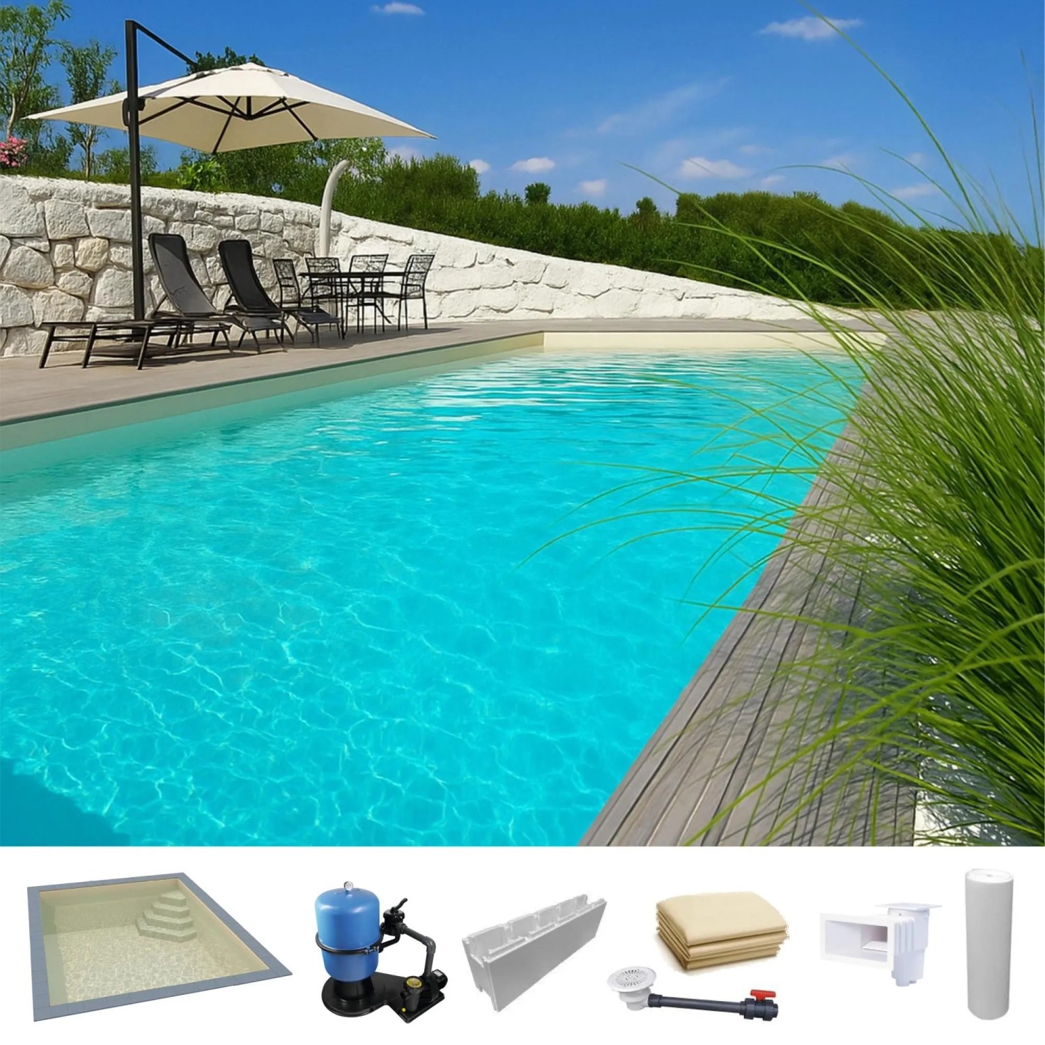 KWAD Styropor Pool Easy mit Ecktreppe Rechts 8 x 4 x 1,5 m Sand