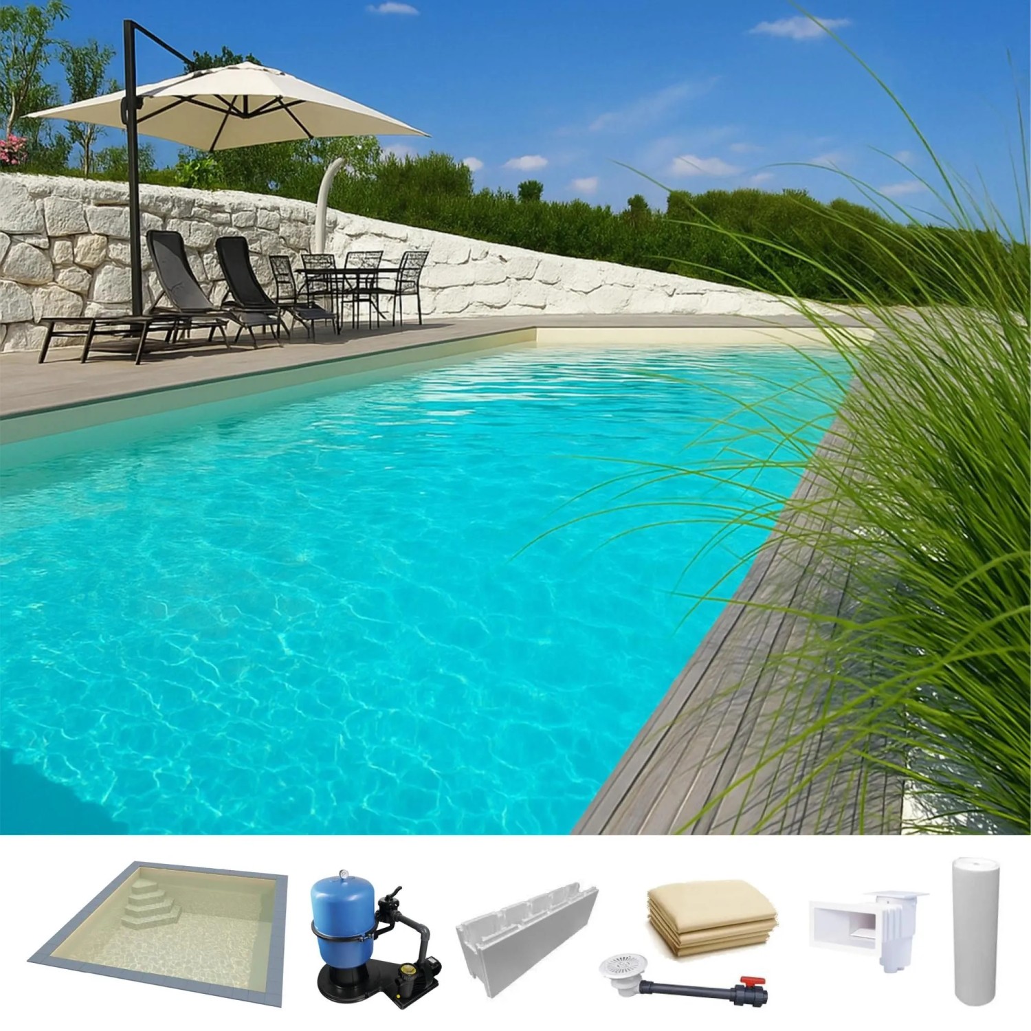 KWAD Styropor Pool Easy mit Ecktreppe Links 7 x 3,5 x 1,5 m Sand