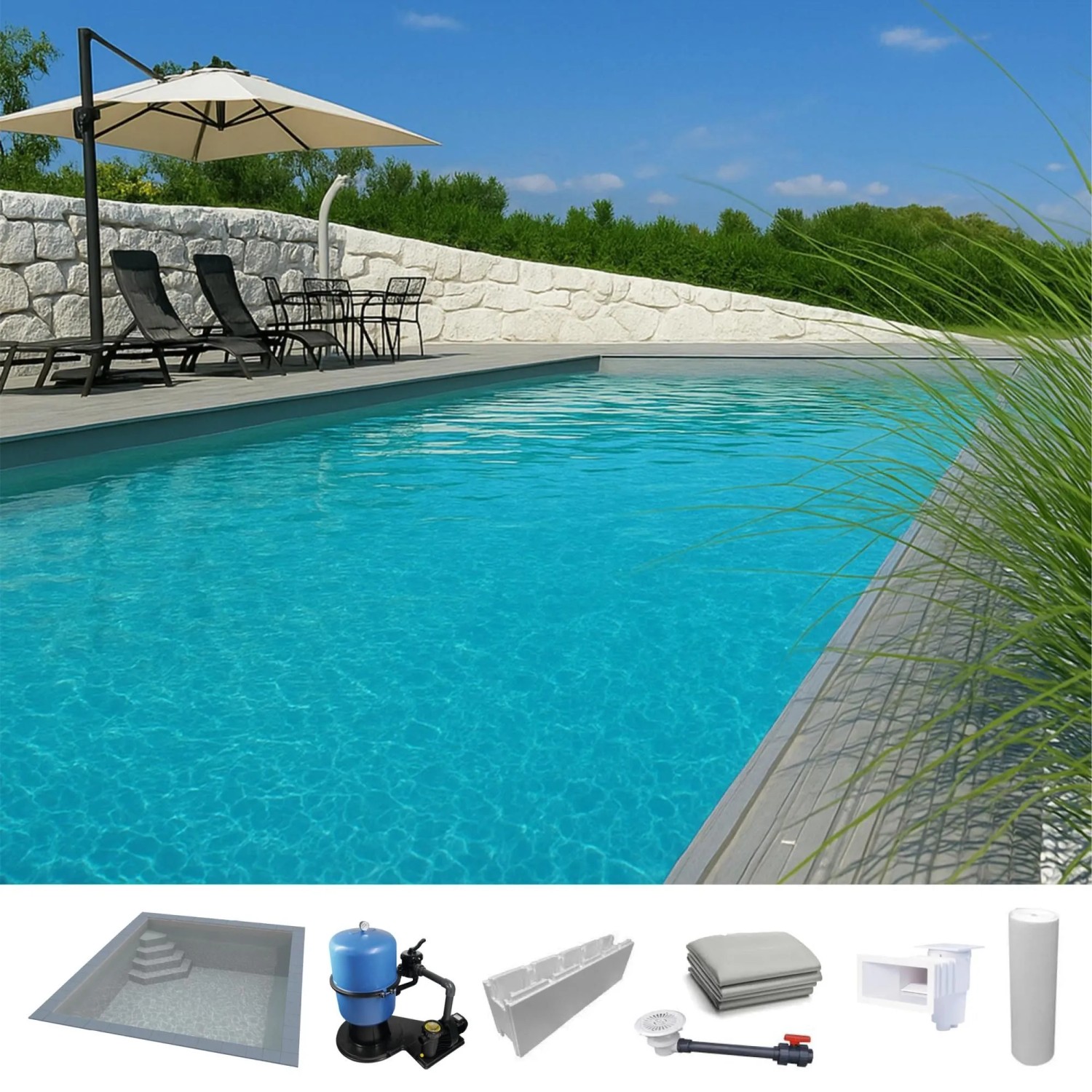 KWAD Styropor Pool Easy mit Ecktreppe Links 7 x 3,5 x 1,5 m Grau