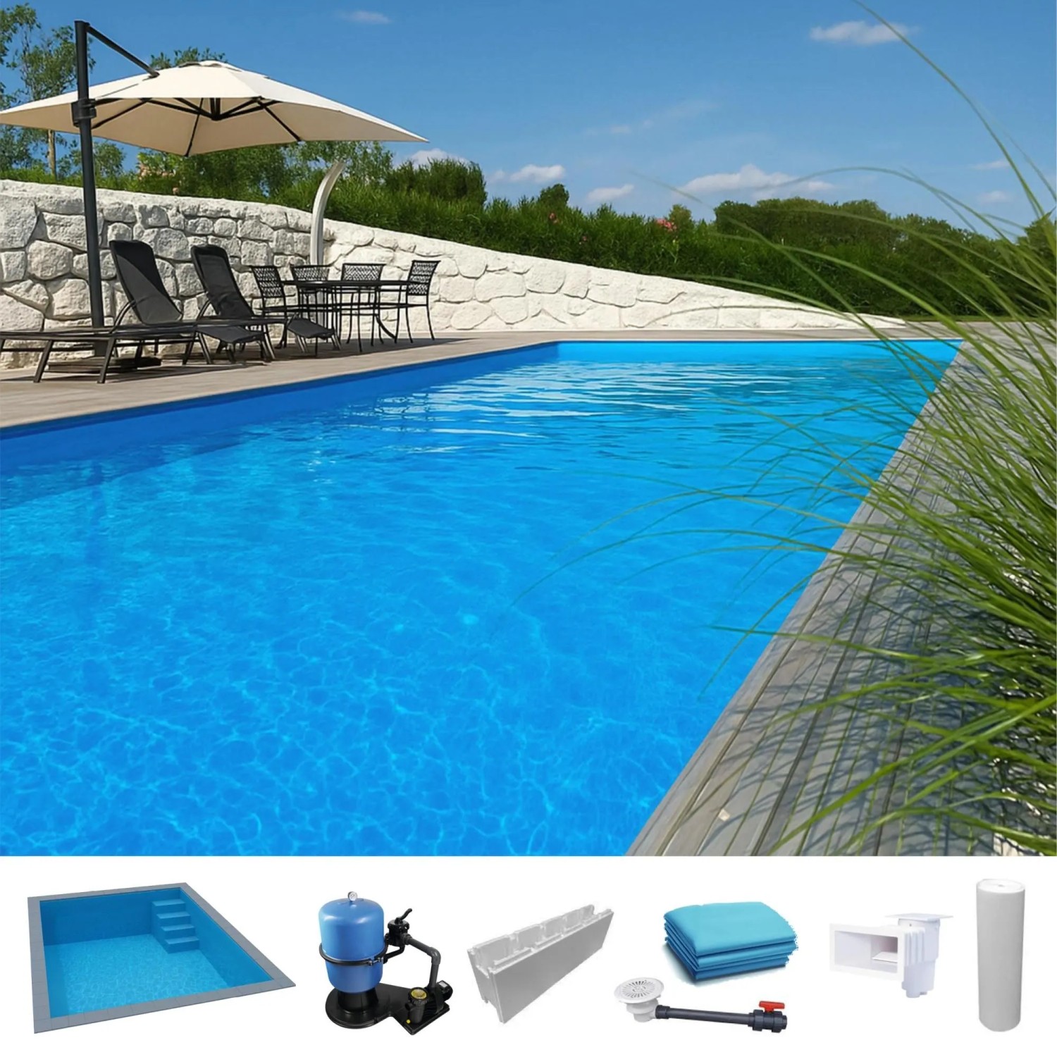 KWAD Styropor Pool Easy mit Gerader Treppe Rechts 7 x 3,5 x 1,5 m Blau