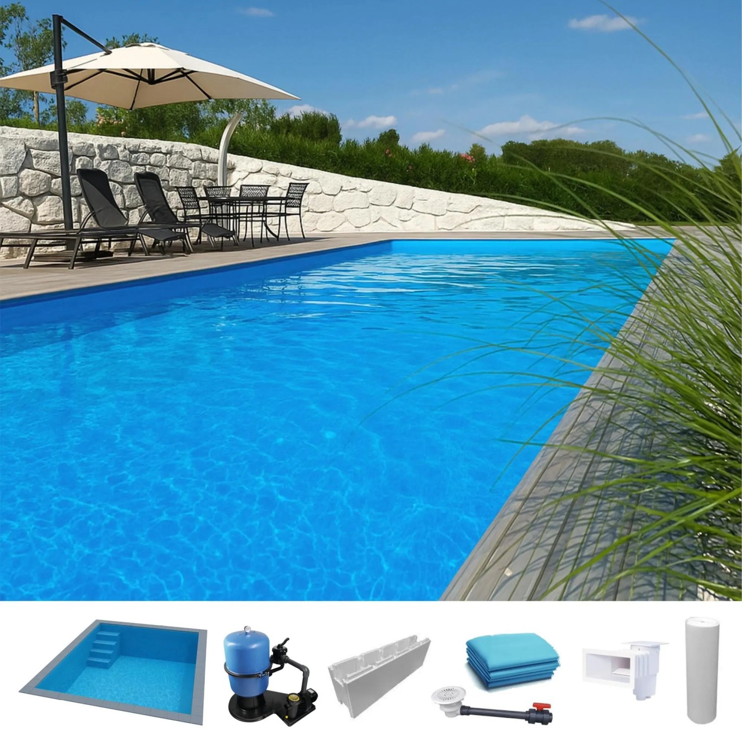 KWAD Styropor Pool Easy mit Gerader Treppe Links 6 x 3 x 1,5 m Blau