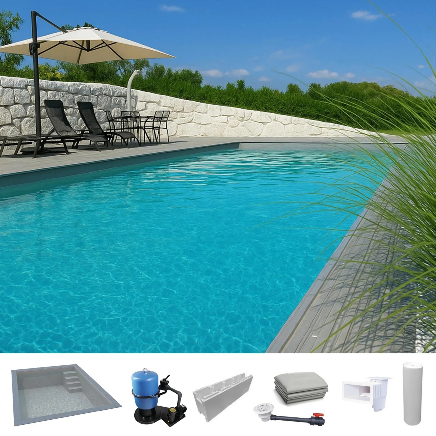 KWAD Styropor Pool Easy mit Gerader Treppe Rechts 8 x 4 x 1,5 m Grau