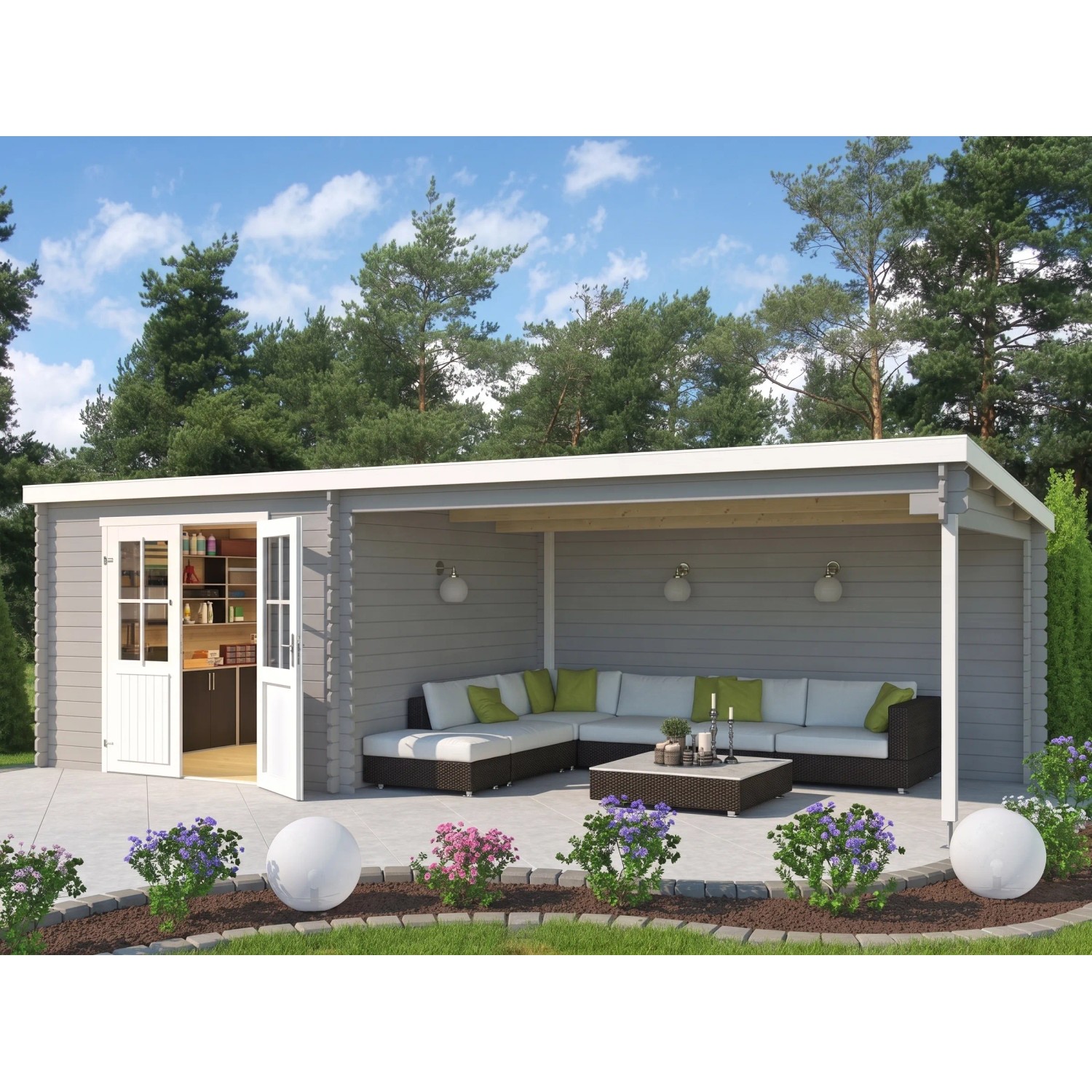 Lasita Gartenhaus St. Louis Exklusiv 28 mm Wandstärke BxTxH 695 x 309 x 211 cm inkl. Anbaudach Hellgrau