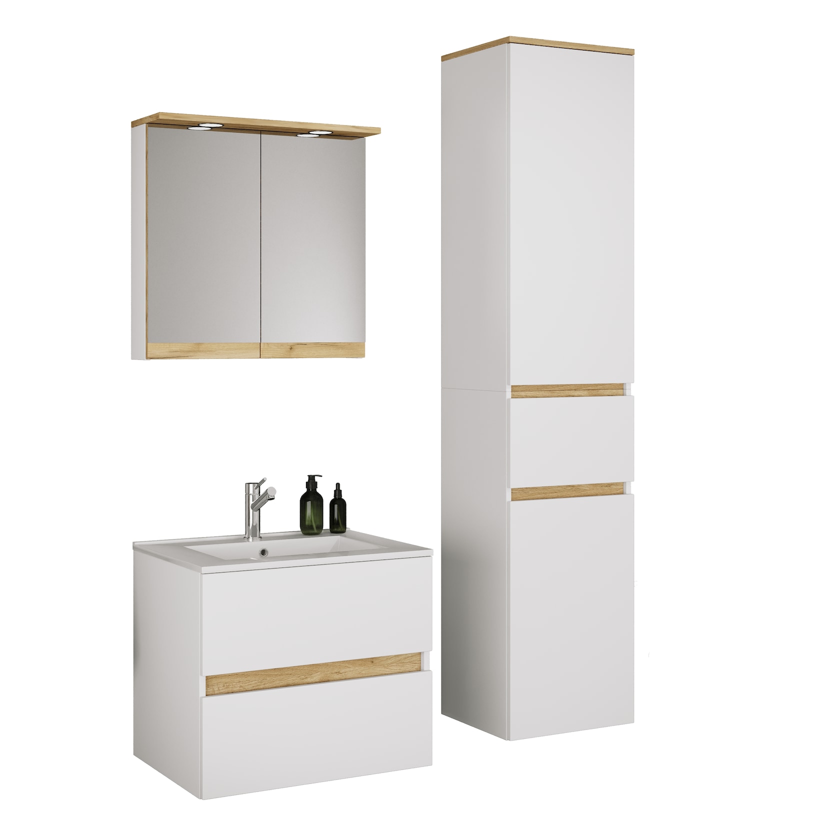 VCM 4-tlg. Waschtisch Set mit Keramikbecken, Badschrank mit 2 Softclose-Schubladen, Hochschrank, Spiegelschrank mit Beleuchtung und Steckdose, Maße Unterschrank H. 51 x B. 61 x T. 47 cm, Cosila-I
