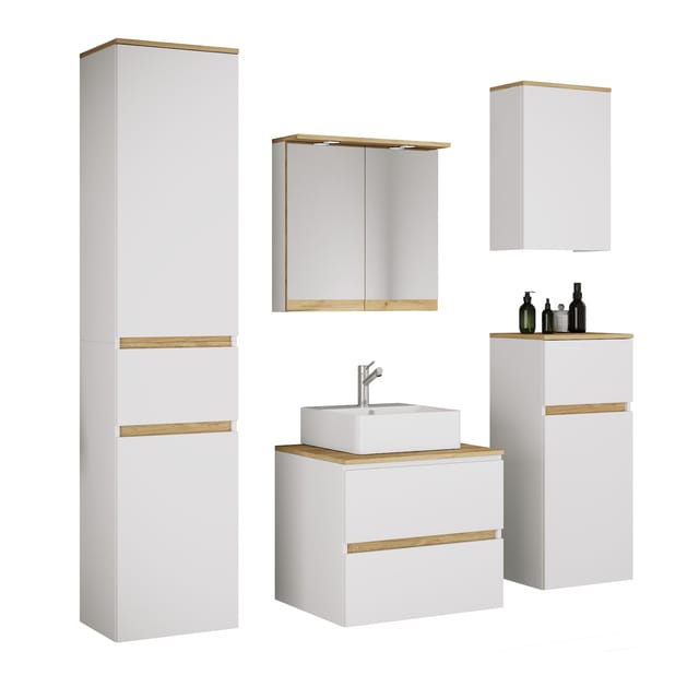 VCM 6-tlg. Waschtisch Set mit Keramikbecken, Badschrank mit 2 Softclose-Schubladen, Hochschrank, Midischrank, Hängeschrank, Spiegelschrank mit Beleuchtung und Steckdose, Maße Unterschrank H. 51 x B. 60 x T. 51 cm, Cosila-A