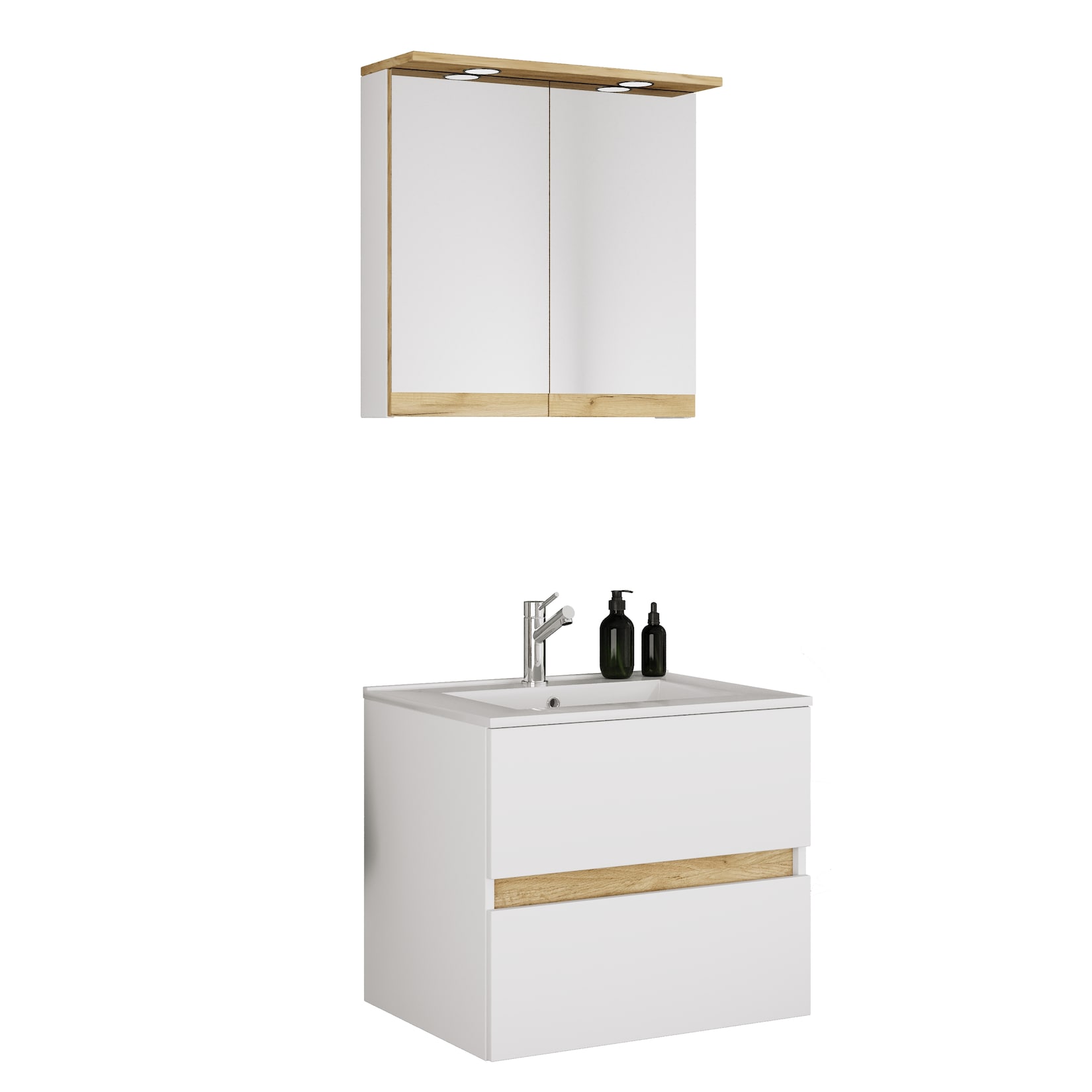 VCM 3-tlg. Waschtisch Set mit Keramikbecken, Badschrank mit 2 Softclose-Schubladen, Spiegelschrank mit Beleuchtung und Steckdose, Maße Unterschrank H. 51 x B. 61 x T. 47 cm, Cosila-I