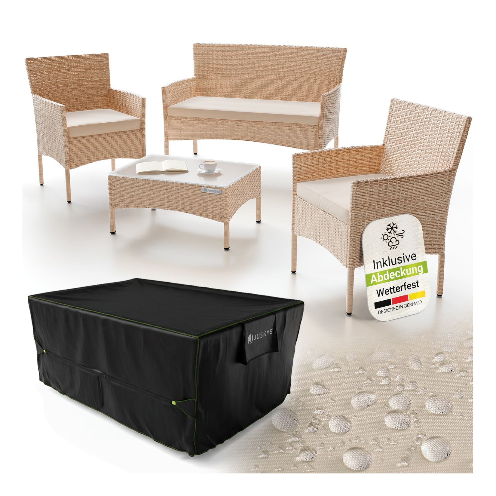 Juskys Polyrattan Gartenmöbel-Set Fort Myers creme mit Tisch, Sofa, 2 Stühle & Auflagen in sand inkl. Abdeckung