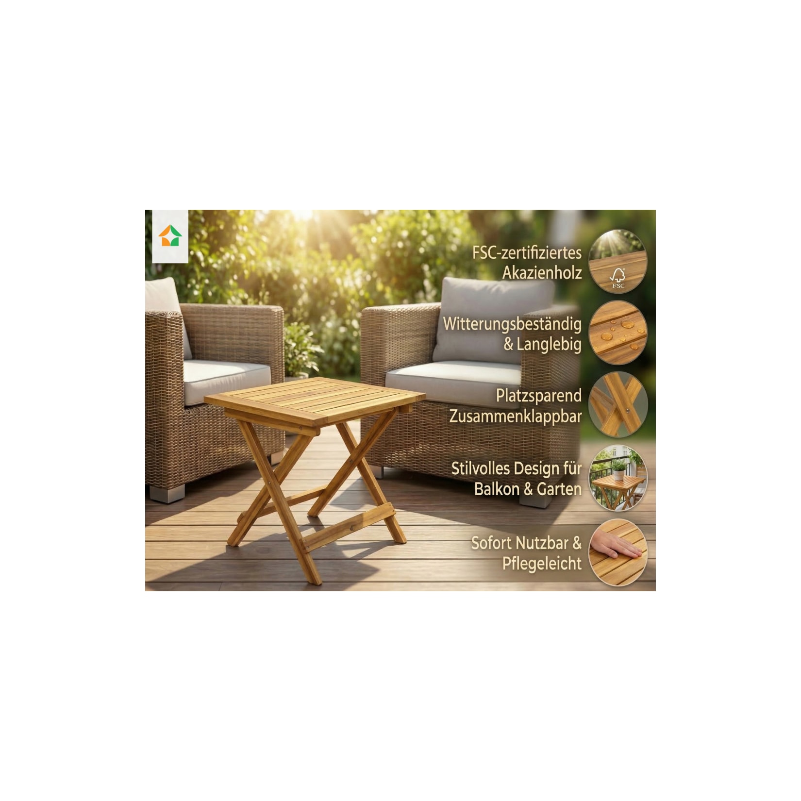 Akazienholz Gartenklapptisch Beistelltisch 46 cm FSC