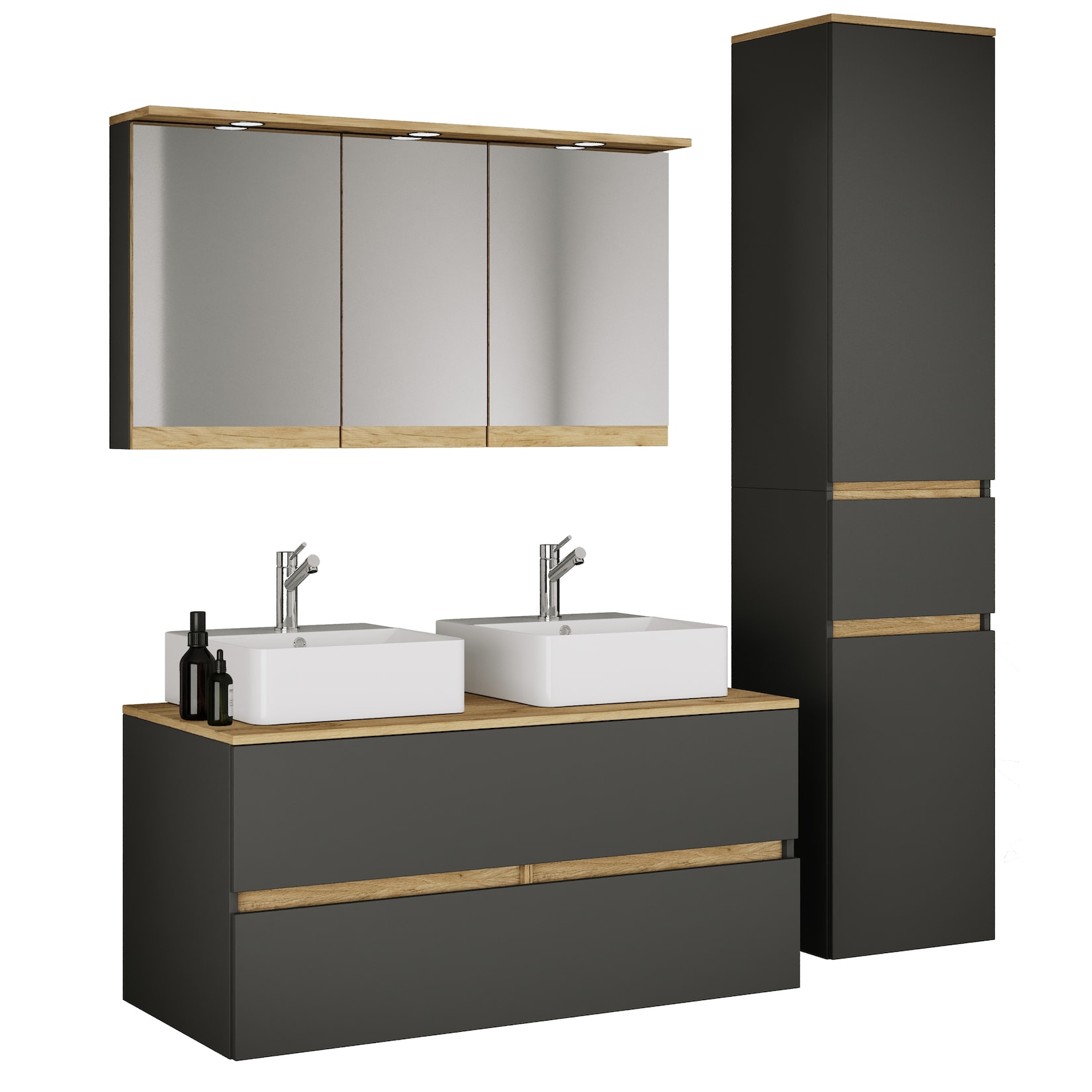 VCM 5-tlg. Doppelwaschtisch Cosila mit 2 Keramikbecken – Badschrank H. 51 x B. 111 x T. 51 cm mit 2 Softclose-Schubladen, Spiegelschrank mit Beleuchtung & Steckdose und Hochschrank Cosila-A