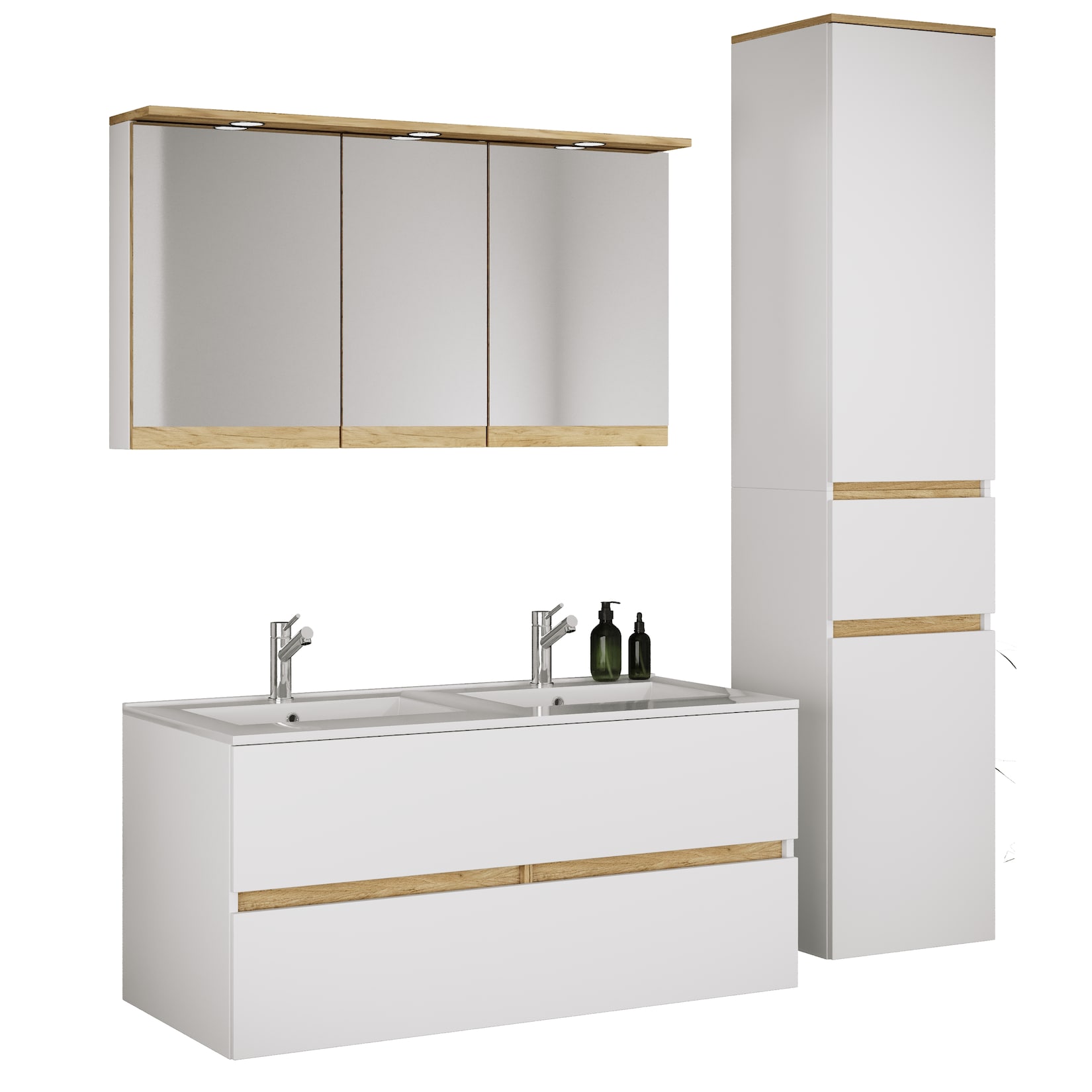 VCM 4-tlg. Doppelwaschtisch Cosila mit Doppel Keramikbecken – Badschrank H. 51 x B. 111 x T. 51 cm mit 2 Softclose-Schubladen, Spiegelschrank mit Beleuchtung & Steckdose und Hochschrank Cosila-I