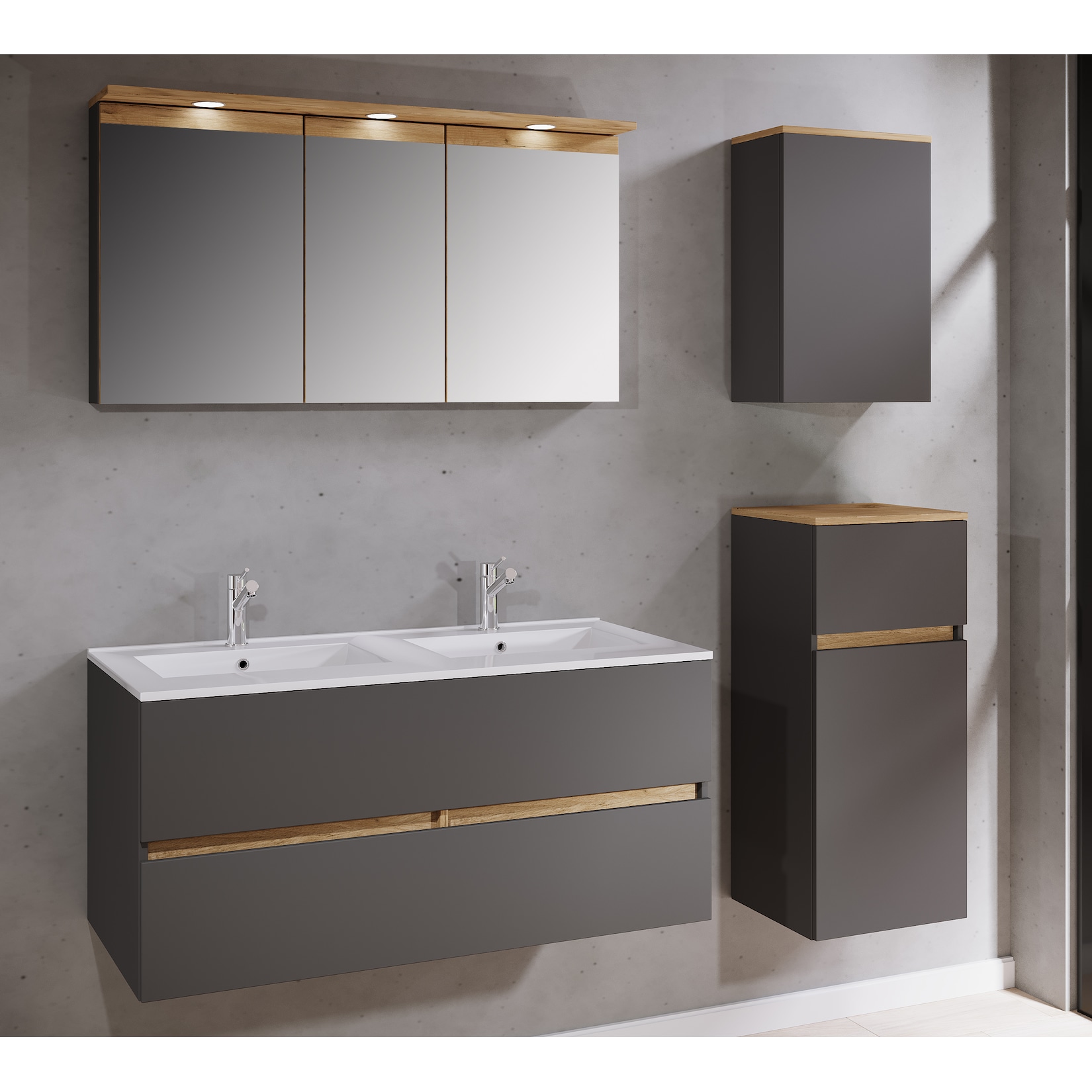 VCM 5-tlg. Doppelwaschtisch Cosila mit Doppel Keramikbecken – Badschrank H. 51 x B. 111 x T. 51 cm mit 2 Softclose-Schubladen, Spiegelschrank mit Beleuchtung & Steckdose, Midi und Hängeschrank, Waschplatz Set Cosila-I