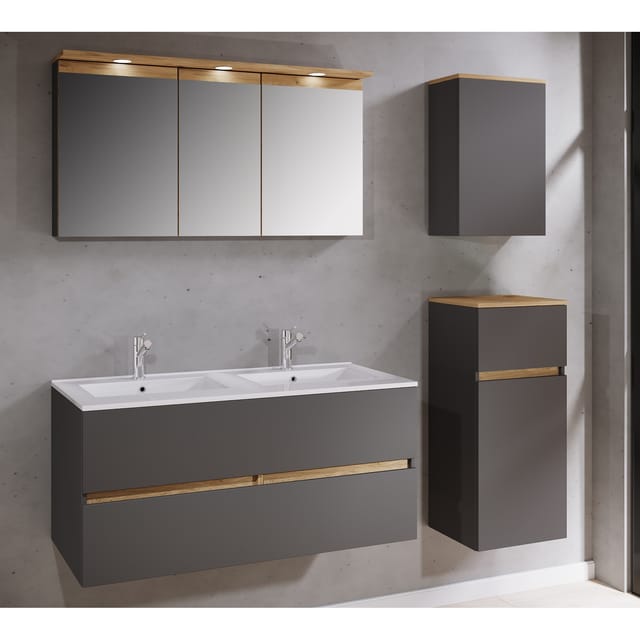 VCM 5-tlg. Doppelwaschtisch Cosila mit Doppel Keramikbecken – Badschrank H. 51 x B. 111 x T. 51 cm mit 2 Softclose-Schubladen, Spiegelschrank mit Beleuchtung & Steckdose, Midi und Hängeschrank, Waschplatz Set Cosila-I