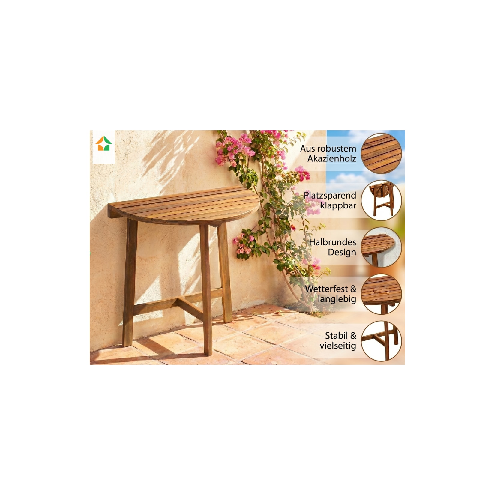 Klappbarer Beistelltisch halbrund aus Akazienholz, ca. 70 x 45 x 75 cm