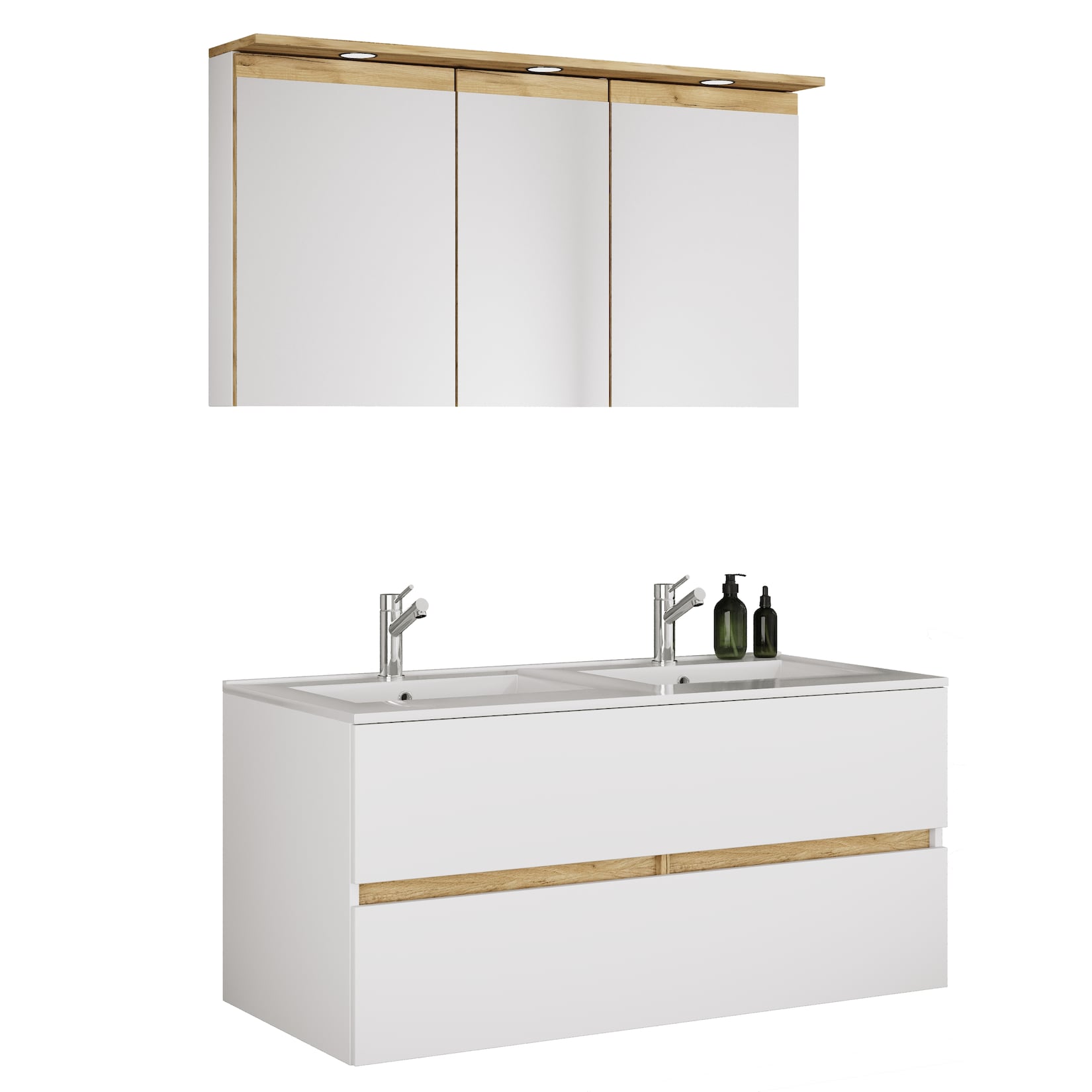 VCM 3-tlg. Doppelwaschtisch Cosila mit Doppel Keramikbecken – Badschrank H. 51 x B. 111 x T. 51 cm mit 2 Softclose-Schubladen, Spiegelschrank mit Beleuchtung & Steckdose, Waschplatz Set Cosila-I