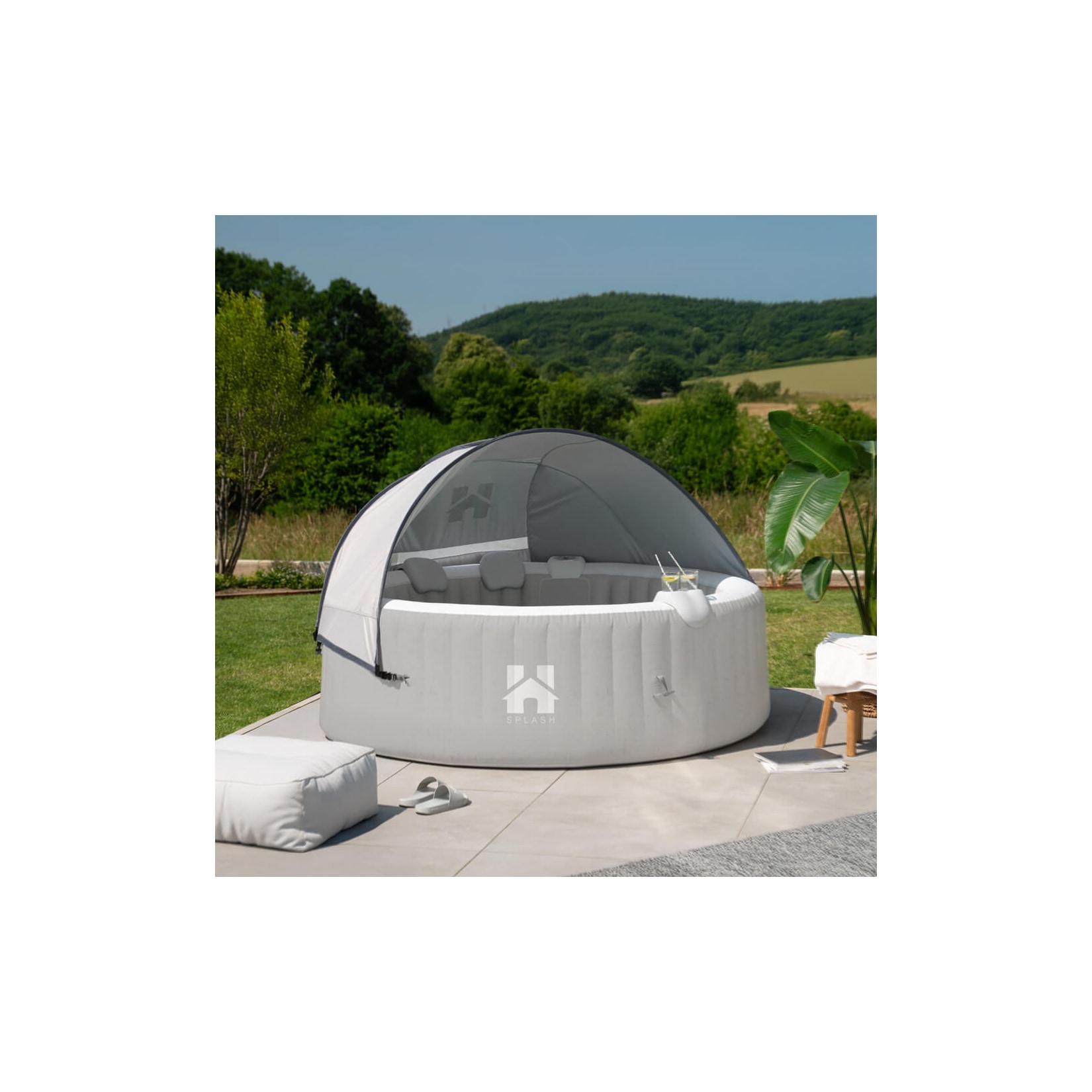 HOME DELUXE Outdoor Whirlpool inkl. Kissen, Getränkehalter und Sonnendach SPLASH - Ø208 cm 6 Personen Grau