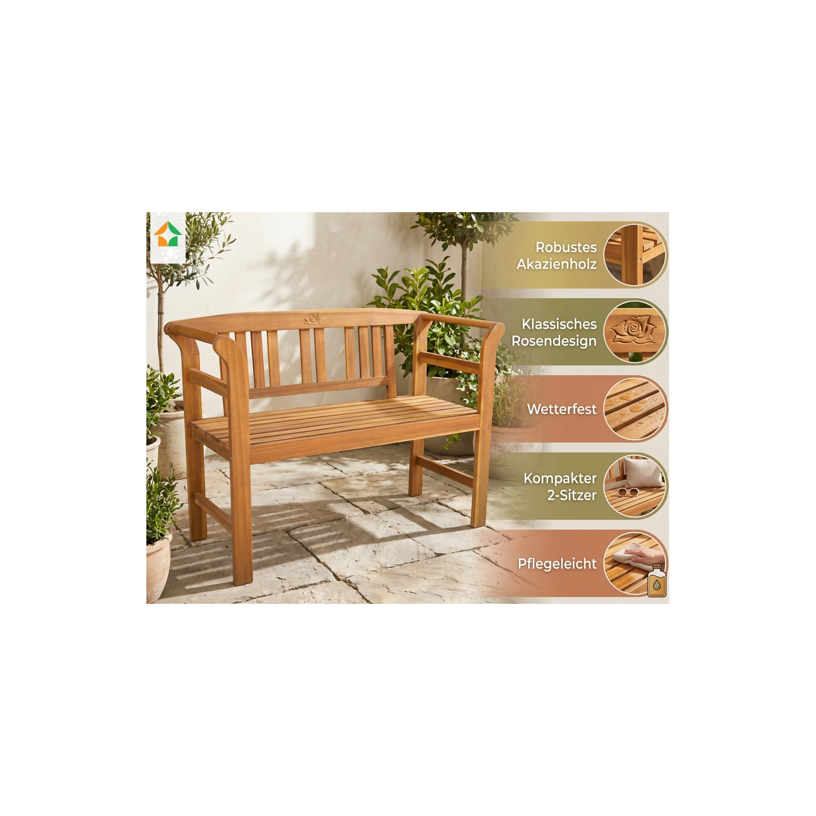 2-Sitzer Gartenbank aus Akazienholz, ca. 115 x 48,5 x 82 cm - Rose