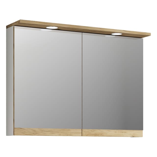 VCM Badspiegelschrank mit Beleuchtung und Steckdose – Spiegelschrank Bad mit 2 Türen und 2 Fächern – Badezimmerschrank hängend – H. 59 x B. 80 x T. 23 cm, Cosila