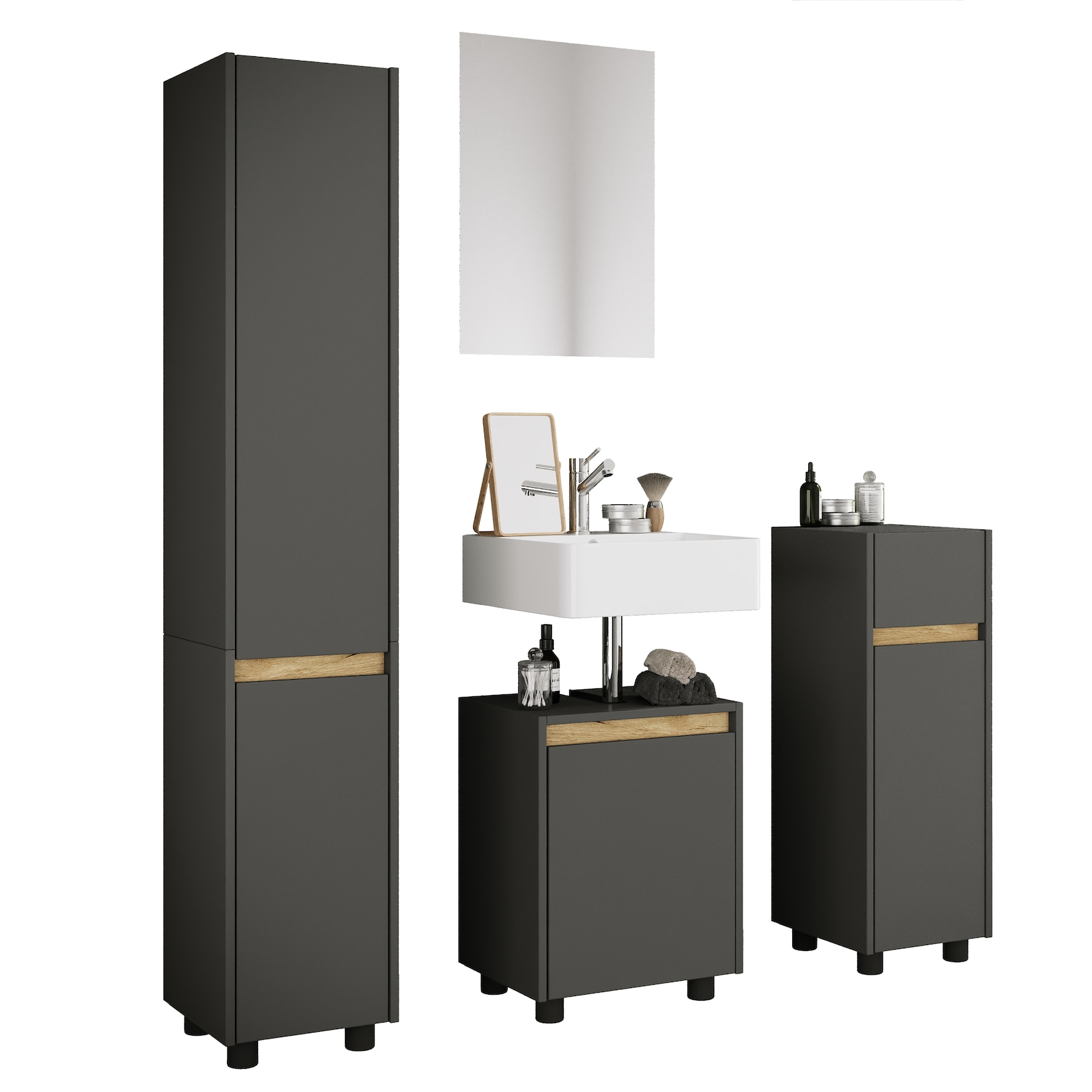 VCM 4-tlg. Badmöbel Set mit Waschbeckenunterschrank, Hochschrank, Midischrank & Spiegel - Cosila M