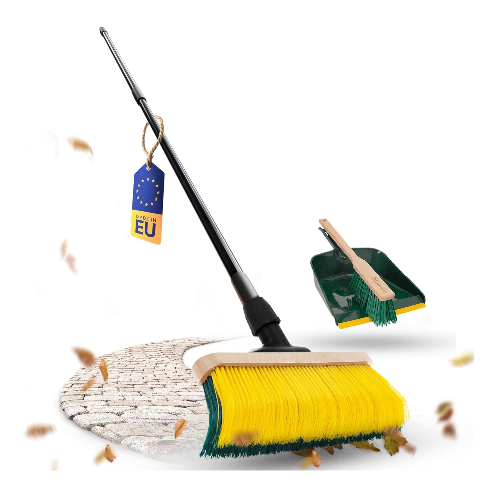 Novaliv Premium Krallenbesen mit Stiel 50cm inkl. Kehrgarnitur Outdoor, Spezialbesen gebogenen Borsten - Ideal als Gartenbesen, Kratzbesen, Kunstrasen Besen, Optimal für Camping, Straßenbesen